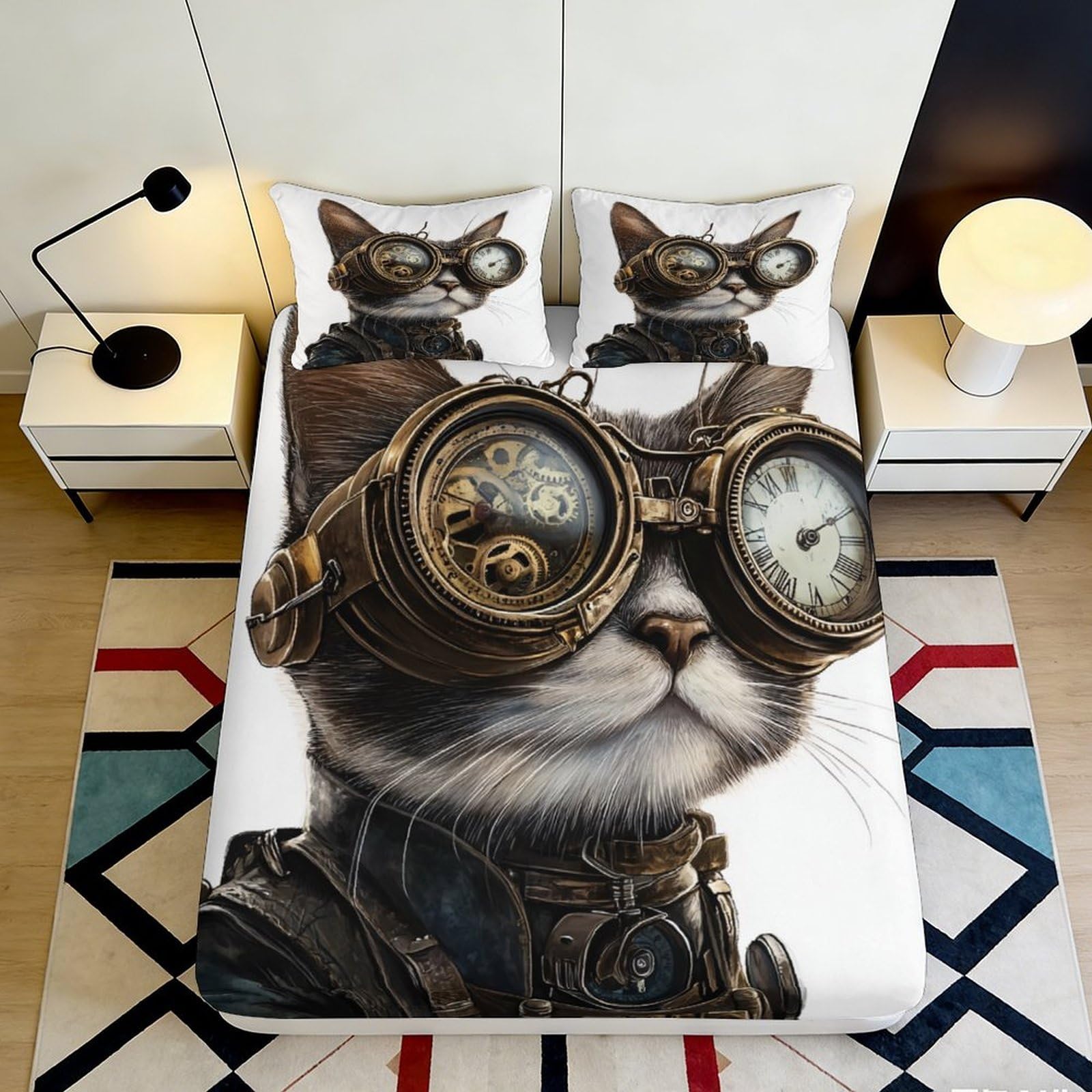 3D Printed Steampunk Cat Fitted Sheet Microfiber Soft Anti-Slip Vintage Goggles Bed Cover for Bedroom Dorm Mattress Decor 200x200x25cm