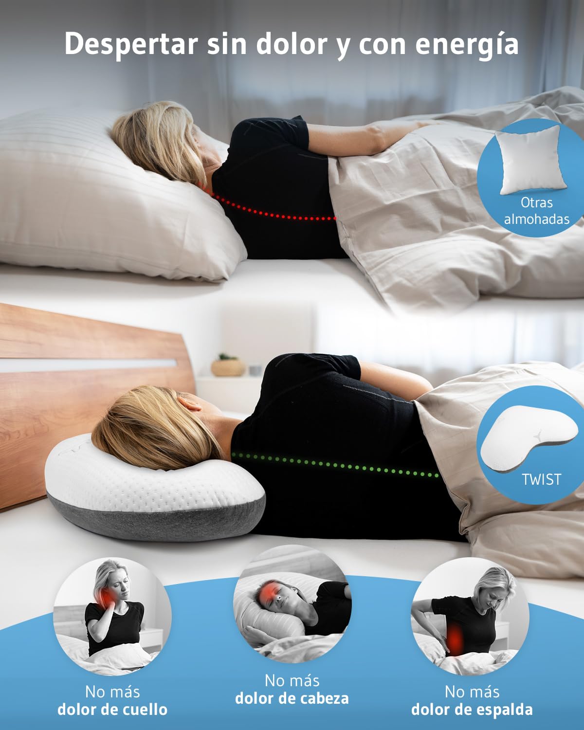 Third of Life Almohada para dormir de lado con tecnología Intense, desarrollada por expertos en sueño, almohada ergonómica de espuma viscoelástica para un sueño tranquilo, almohada cervical HWS