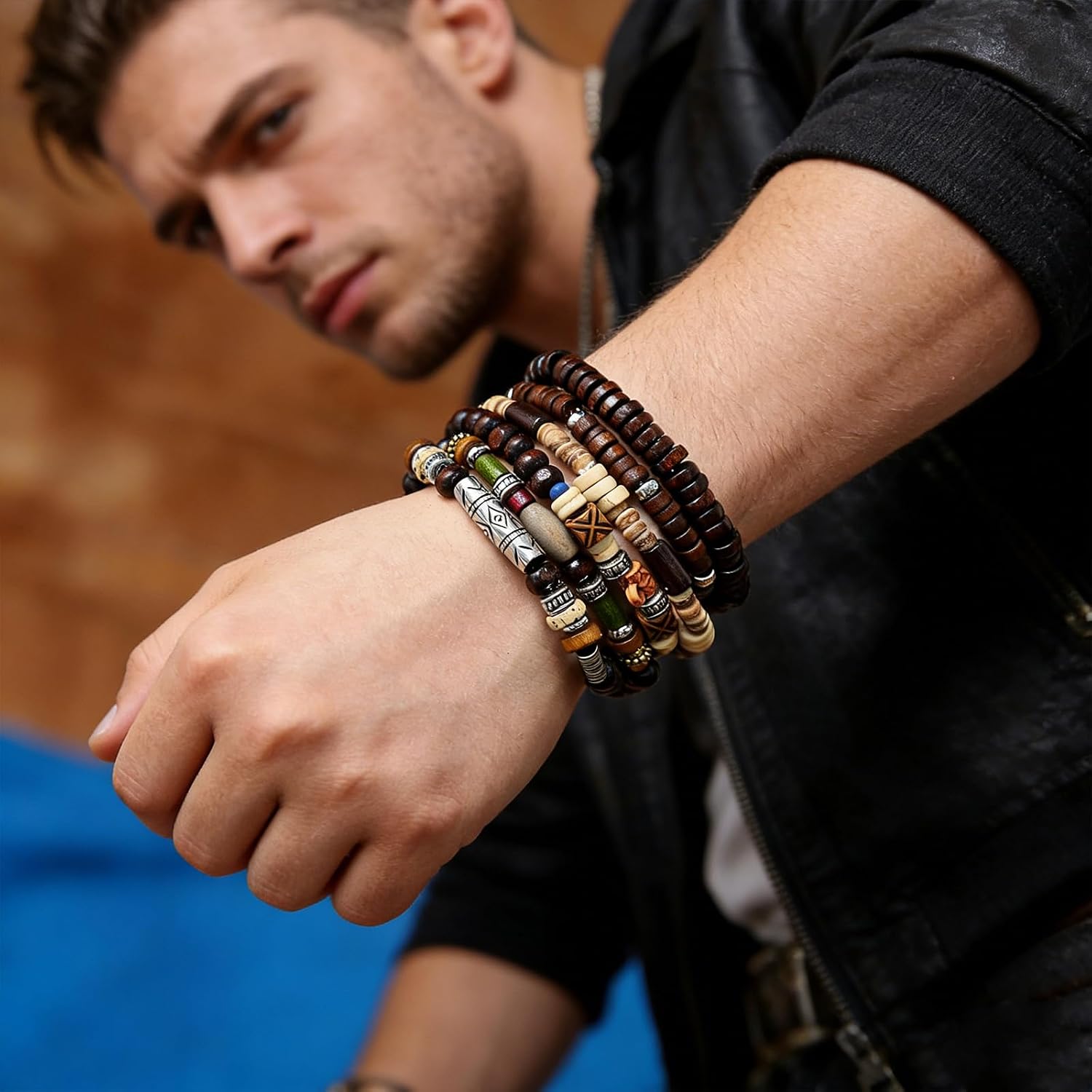 HZMAN Wrap Bracelets Men Women, Hemp Cords Wood Beads Ethnic Tribal Bracelets, Leather Wristbands