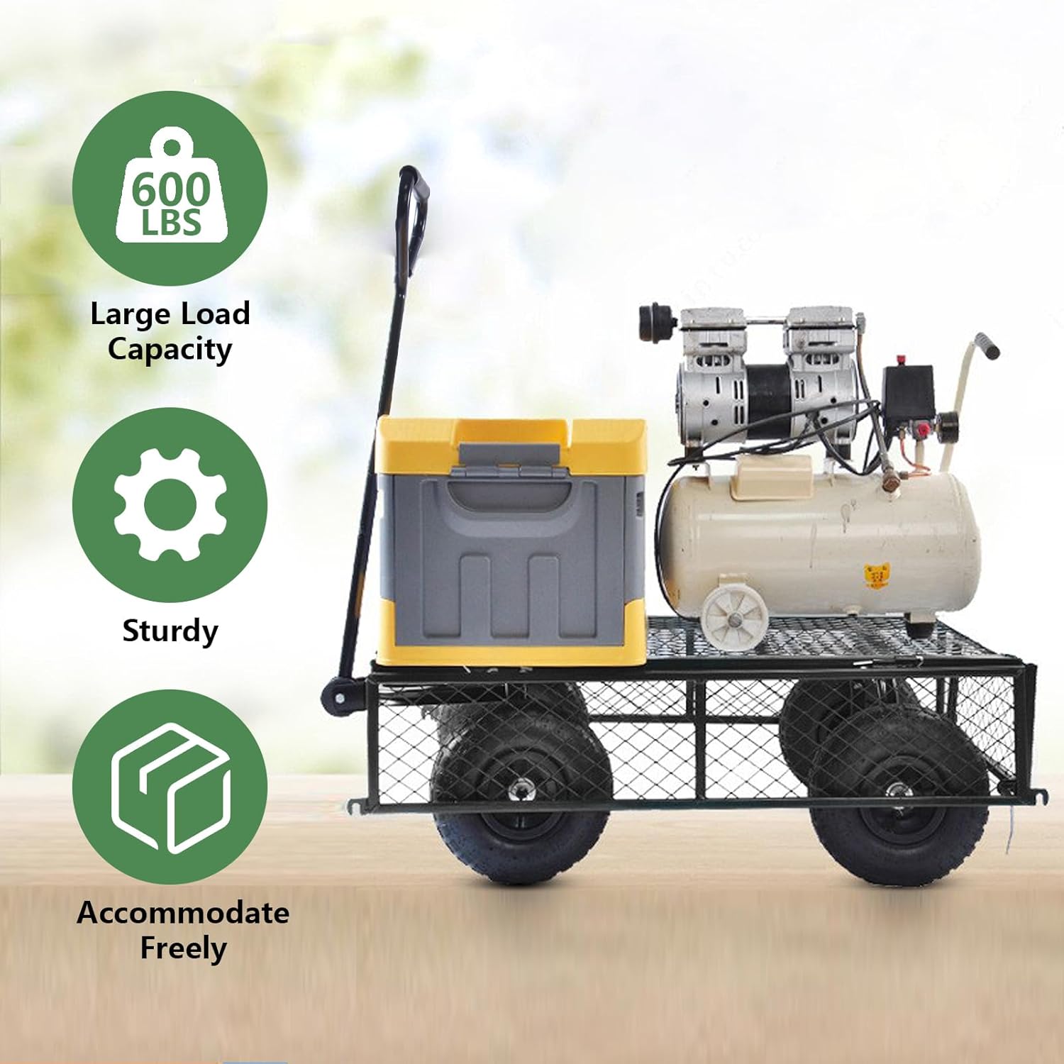 Garden Cart Heavy Duty 600 lbs Capacity Metal Mesh Wagon with Removable Sides Outdoor Utility Wagon with 10" Rubber Pneumatic Wheels,Adjustable Handle Angle for Lawn Yard Farm Ranch, Black