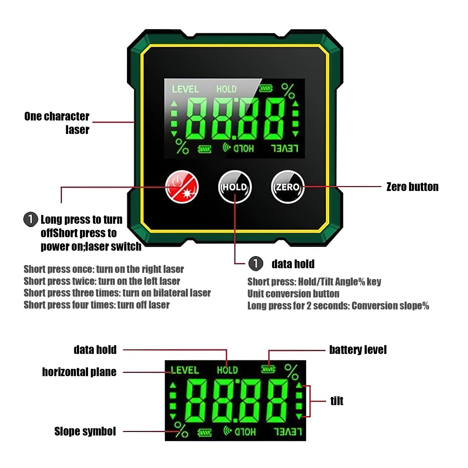 2 in 1 Digital Angle Finder Magnetico Laser Elettronico Misuratore di Angolo Magnetico Ricaricabile 4 Lati Inclinometro Trasportatore Retroilluminato LCD