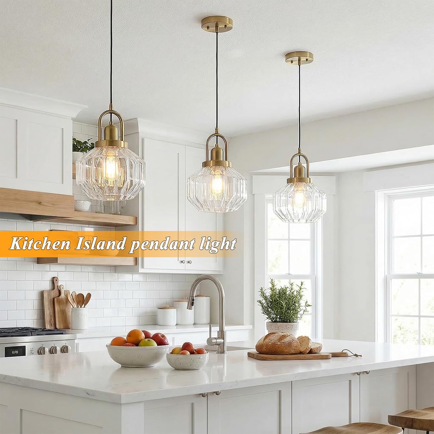 9in Mid Century Modern Clear Glass Pendant Light Fixture, Small Gold Kitchen Island Pendants Light Glass Ceiling Hanging Lamp for Foyer Dining Room Bedroom Entryway Hallway Over Sink