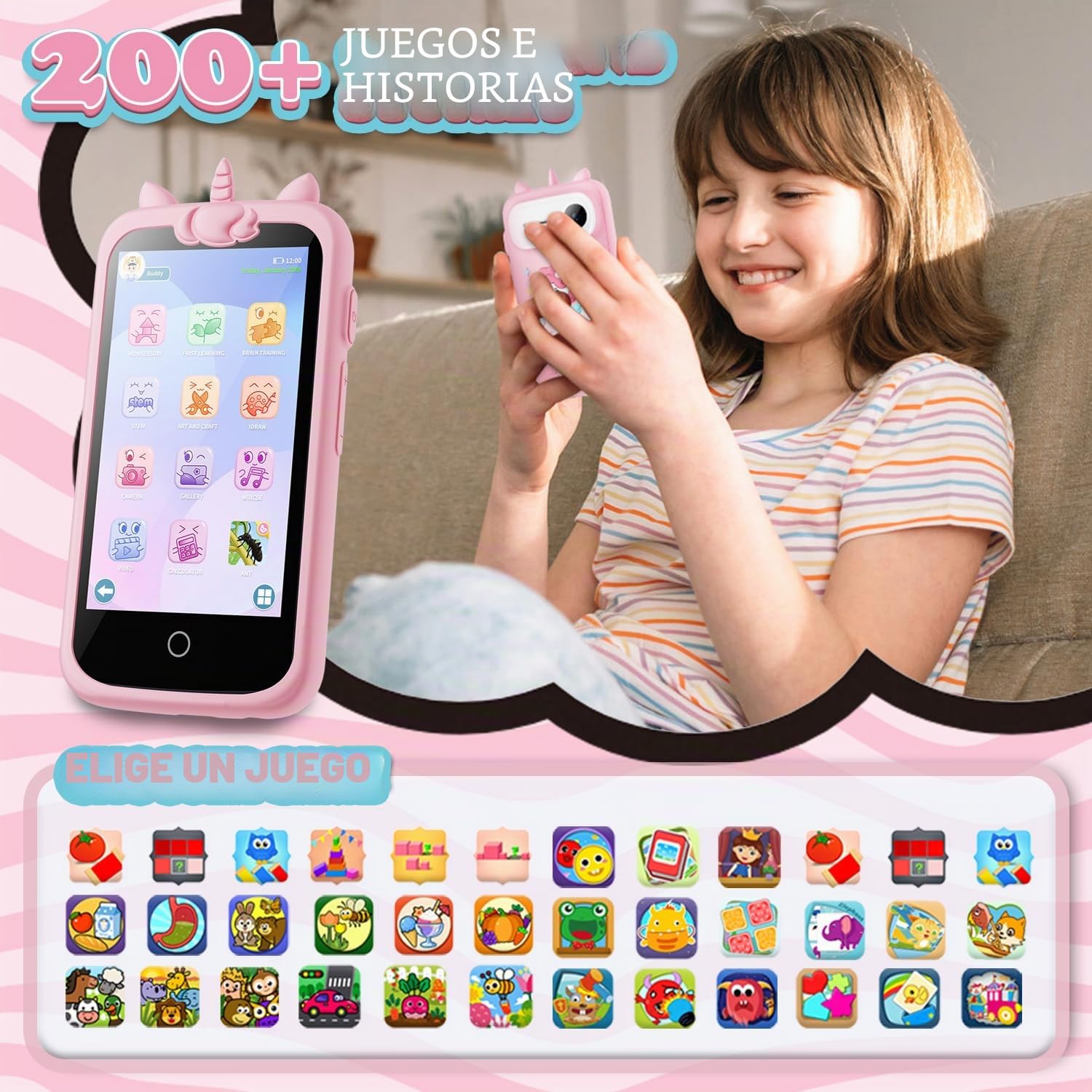 Smartphone Niños, 3.97" juguetes para niñas, regalos de cumpleaños de Navidad para niñas de 3 a 12 años, con 210+ Juegos de Puzzle, Control Parental, Cámara, Música
