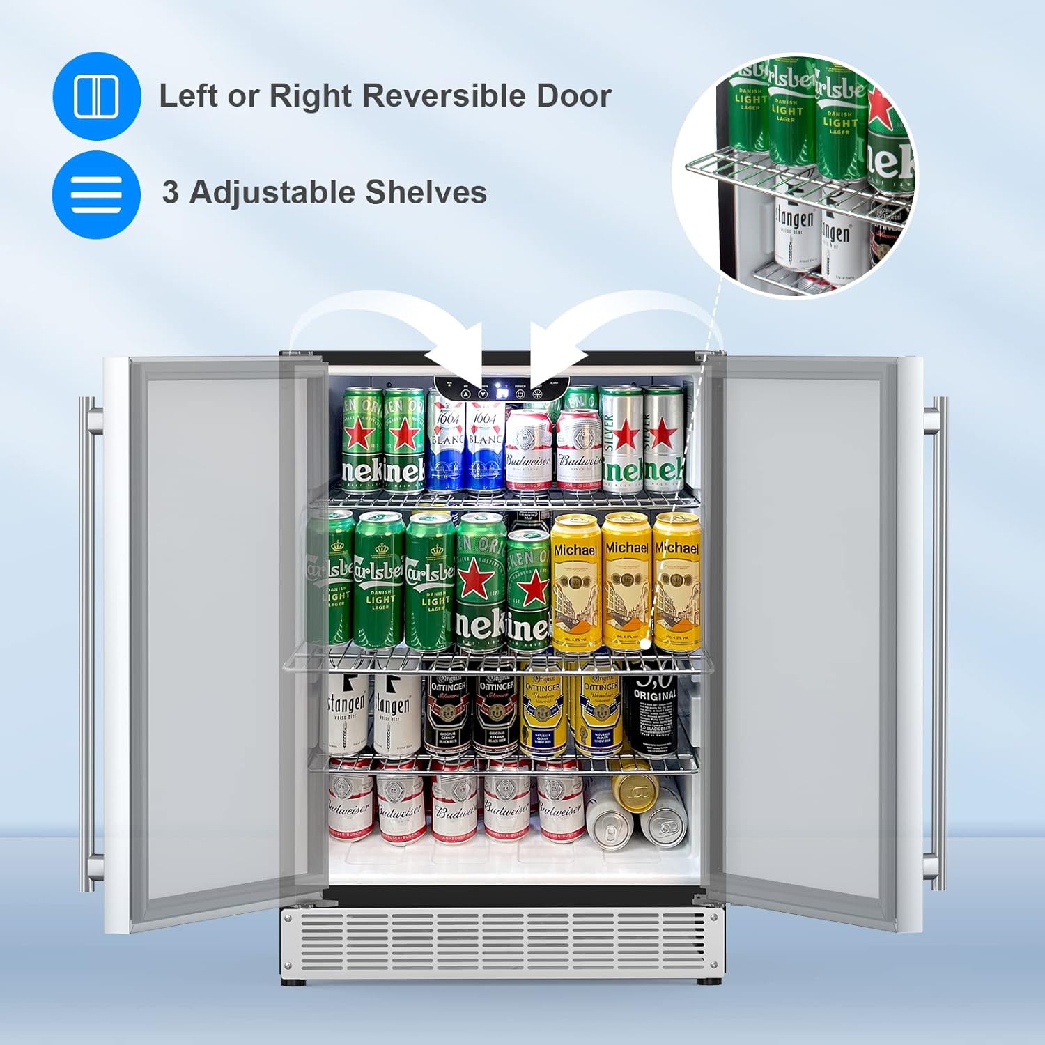 Image showing the refrigerator with arrows indicating reversible door and adjustable shelves
