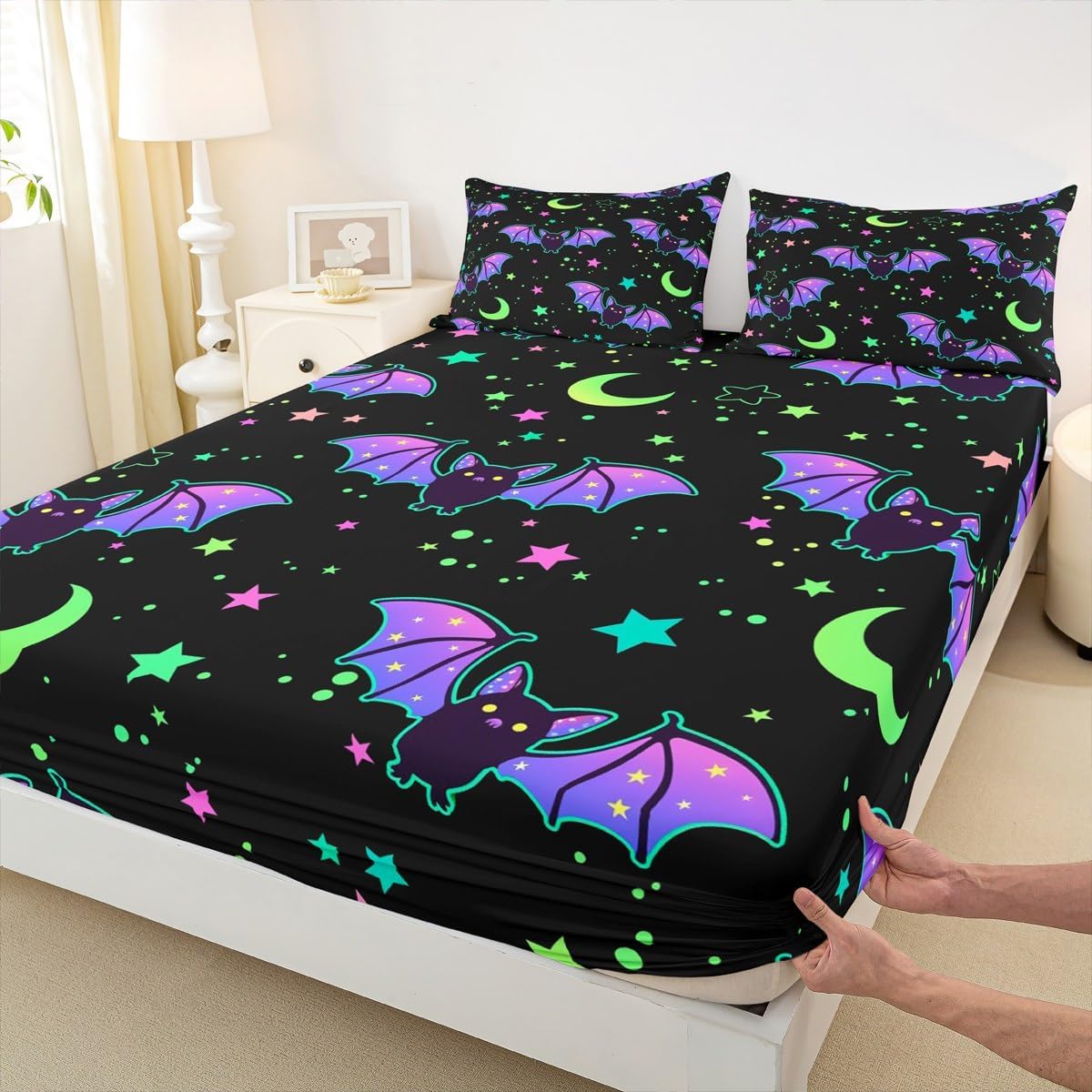 Castle Fairy Halloween Bed Sheet Set Full Size,Neon Watercolor Bat Fitted Sheet for Kids Teens Girls Room Decor,Gothic Starry Sky Bedding Set Horror Festival Bed Cover 3pcs with 2 Pillowcases
