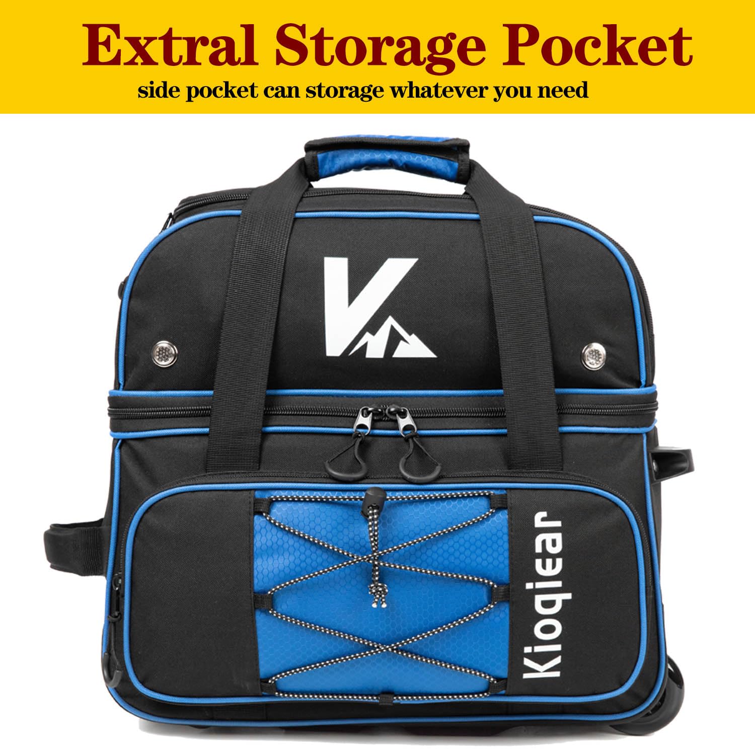 Bolsa de bolos de doble rodillo para 2 bolas con compartimento grande separado para zapatos y bolsillo de accesorios de gran tamaño, asa extensible de 36 pulgadas.