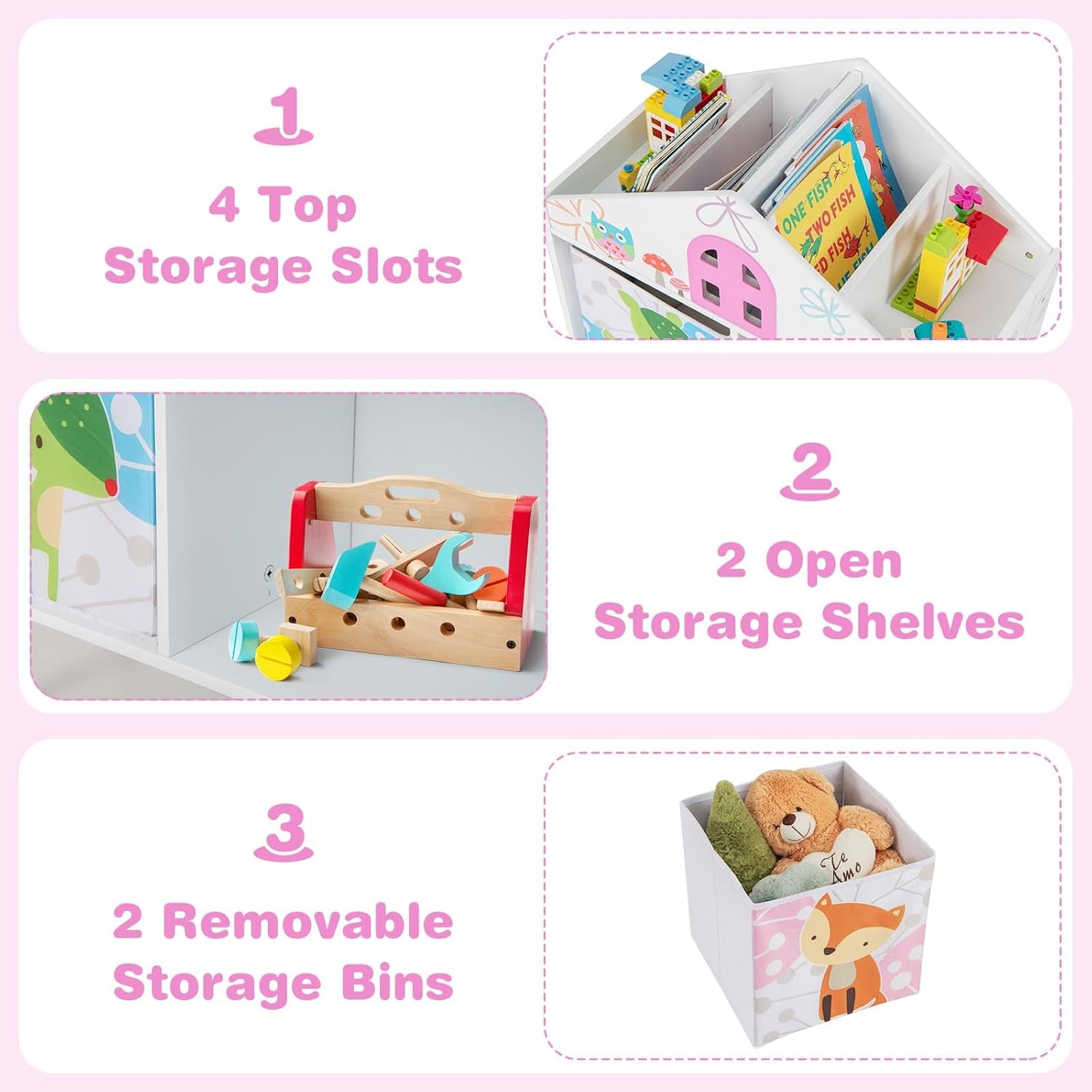 HONEY JOY Toy Storage Organizer, Wooden Stand Bookcase w/ 2 Storage Bins, Children Toy Storage Chest Box w/Elevated Solid Wood Legs, Toy and Book Organizer for Playroom (White)