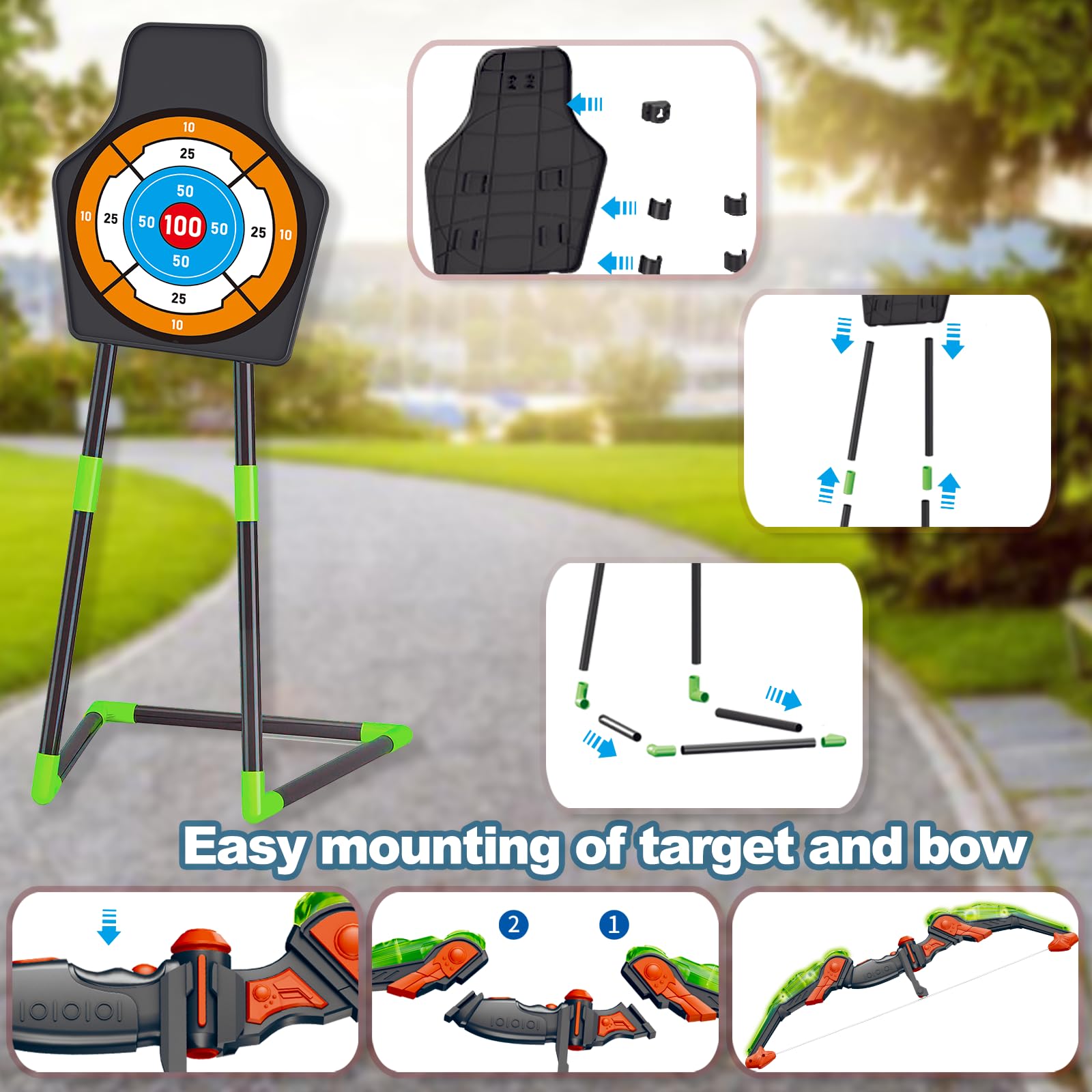 Doloowee Arc et flèche pour Enfants avec lumières LED – Ensemble de tir à l'arc amélioré Comprenant 1 Super Arc, 8 flèches à Ventouse, Cible 2 en 1 avec Jouets carquois à bandoulière