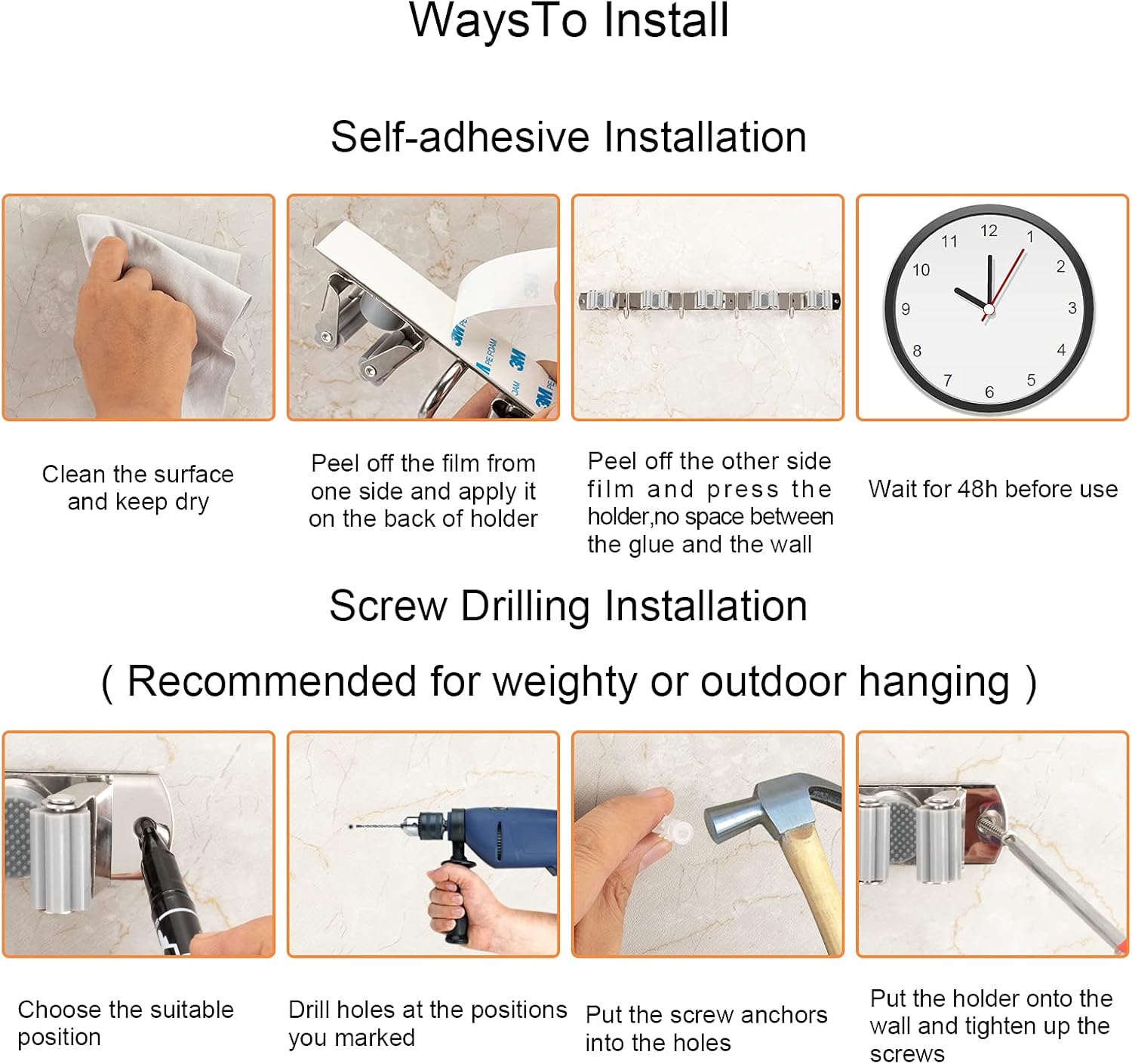 Mop and Broom Holder Wall Mount, Broom Hanger Wall Mount, 17" Mop Holder Stainless Steel with 5 Rack 4 Hooks for Home, Kitchen, Laundry Room, Garage, Garden, Bathroom, and 1 hook Separated included