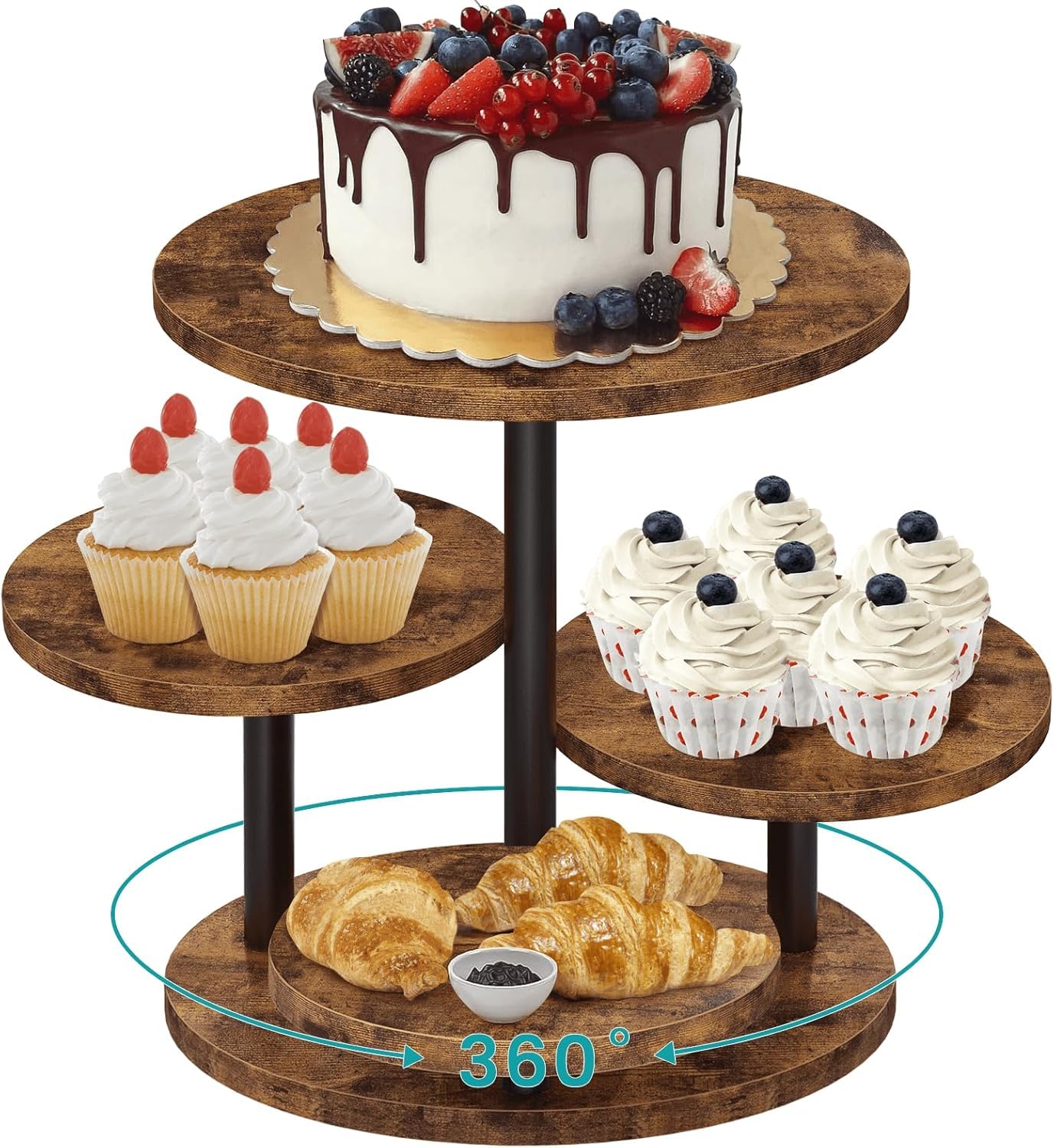 Kaheign 1 4 Tier Wooden Cupcake Stand, 30Cm Round Cupcake Tower 360 Rotating Tiered Display Stand Reusable Cake Dessert Holder For Wedding Birthday Baby Shower Halloween Party