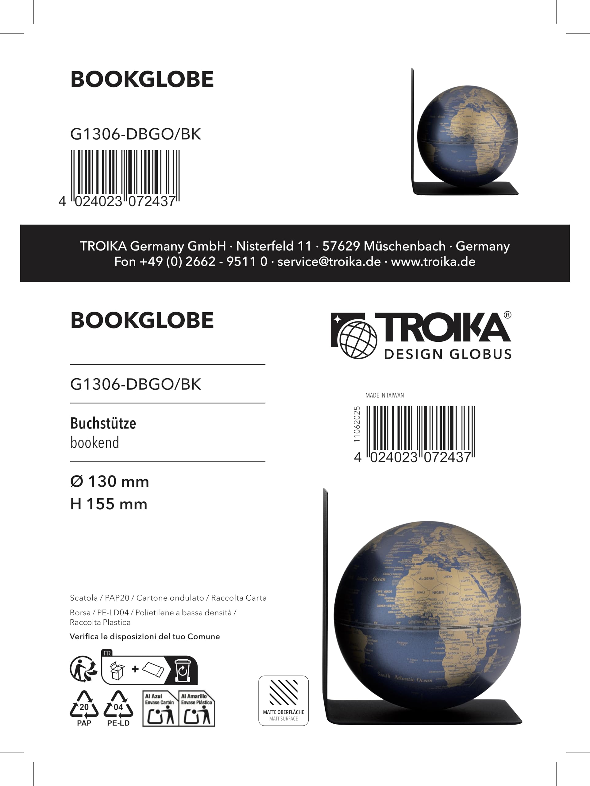 TROIKA Globus mit Buchstütze aus Metall BOOKGLOBE SINGLE magnetischer Globus mit 13 cm Durchmesser Kunststoff und Metall mit matter dunkelblau und goldfarbener Oberfläche Troika Original