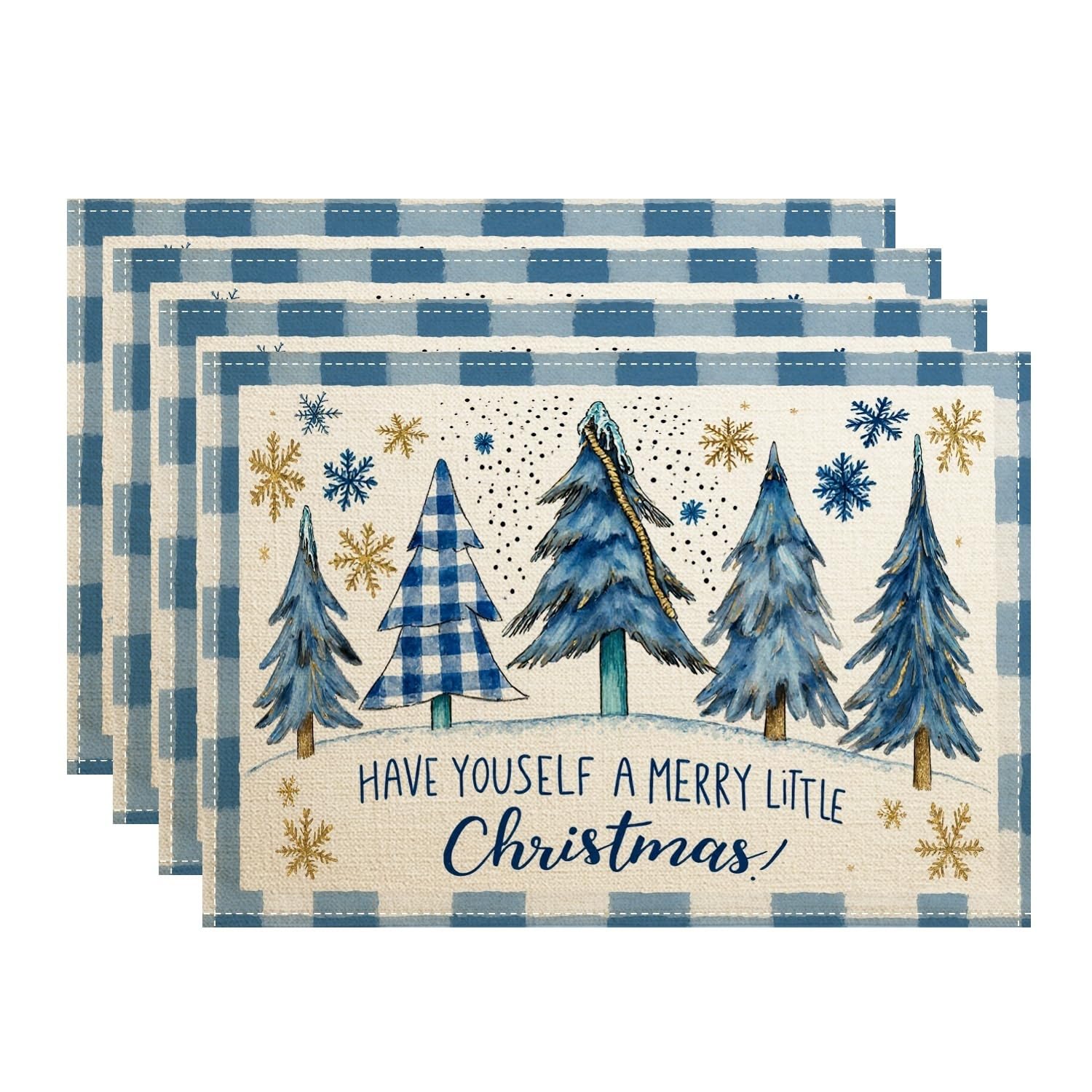 Christmas Blue Trees Placemats, Charming Rustic Watercolor Place Mats for Dining Table, Winter Holiday Non-Slip Washable Indoor Outdoor Kitchen Party Decorative Placemat Set of 4