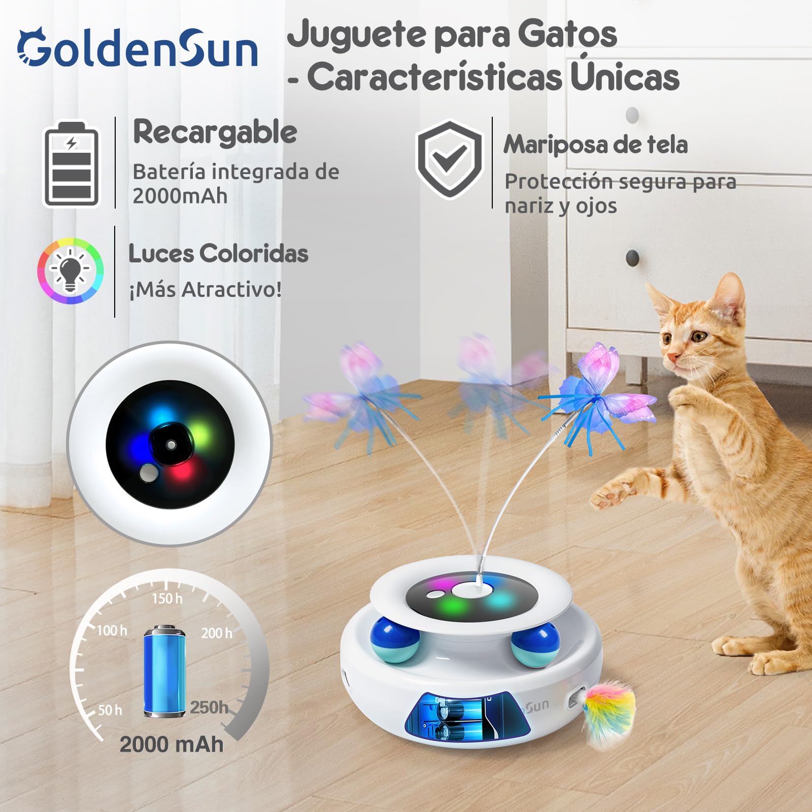 GoldenSun Juguetes para Gatos Recargable, Juguete Automático para Gatos 3 en 1, Pluma Móvil de Emboscada, Mariposa Aleteadora, Bolas de Rastreo, Golpea al Topo, Incluye 4 Accesorios