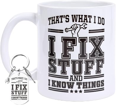 Handyman Gifts for Grandpa Dad - Fix Stuff and I Know Things Gifts, 11 oz Mug Keychain Gift Set, Fathers Day Birthday Christmas Gift Ideas for Men Husband Mechanic Handyman Engineers