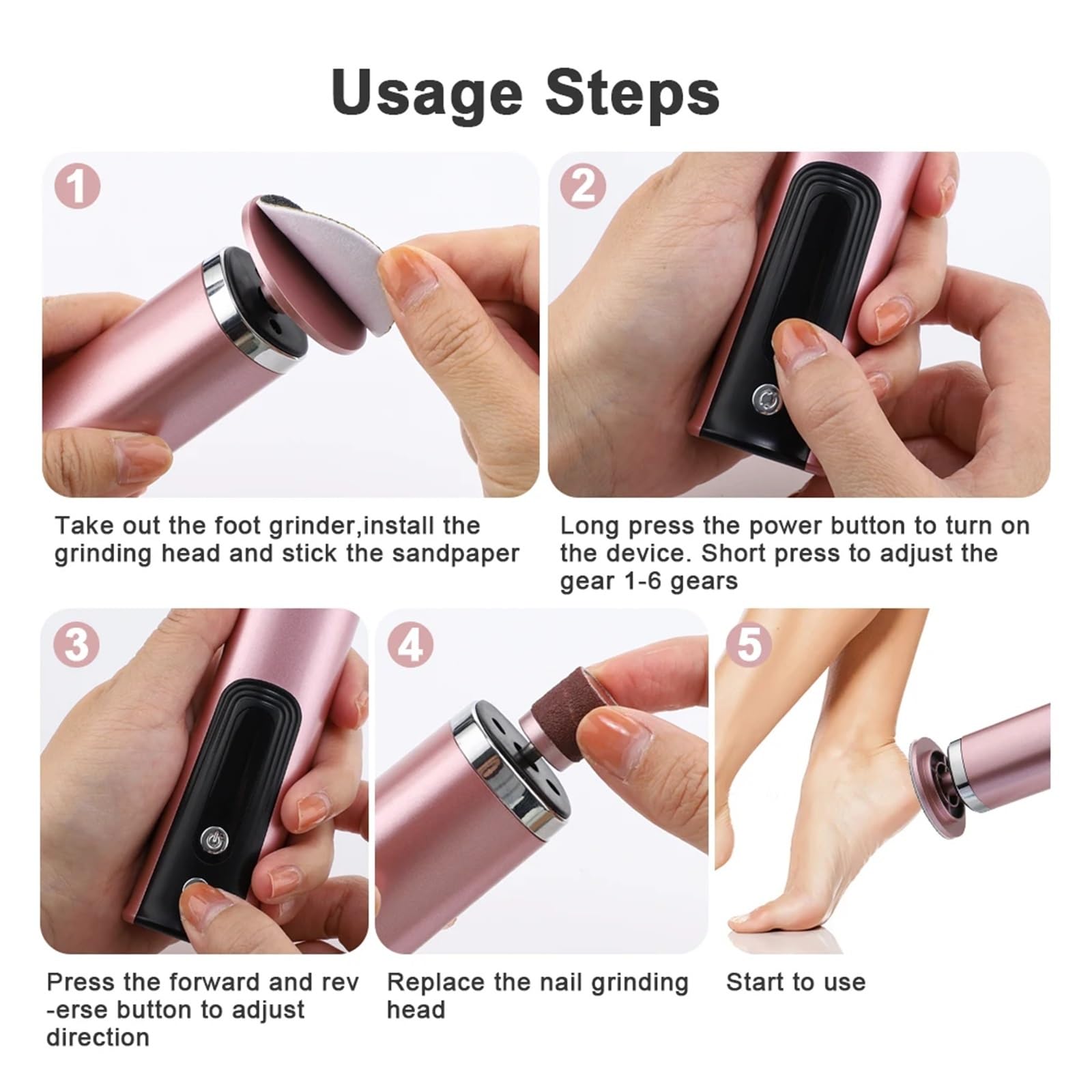 Lima De Pie Lima eléctrica inalámbrica recargable por USB for pies, removedor de callos y cutículas, herramienta de pedicura for el cuidado del talón con papel de lija.(Pink)