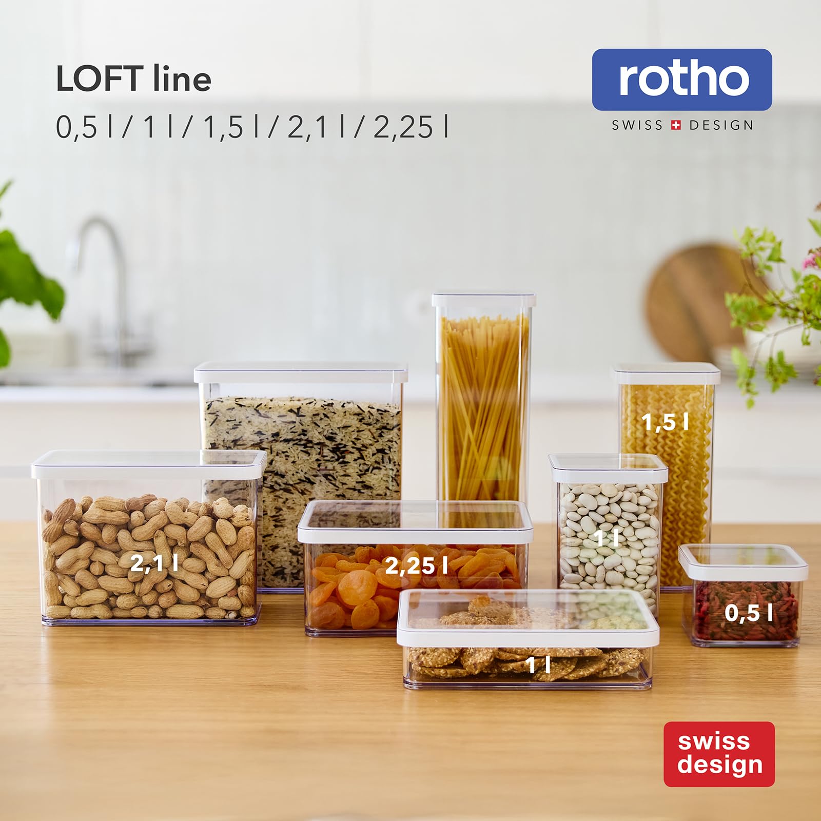 Rotho Loft Set 19 Contenitori Alimentari Ermetici, Plastica Senza BPA | Barattoli trasparenti impilabili per farina, pasta e muesli, 0,5l fino a 3,2l, lavabili in lavastoviglie e antigraffio