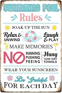 Swimming Pool Rules Tin Sign Durable Metal Signs Vintage Hanging Plaque Outdoor Decorative for Beach Home Bar Pool Deck Backyard Fence Wall Decor 12X8 Inch