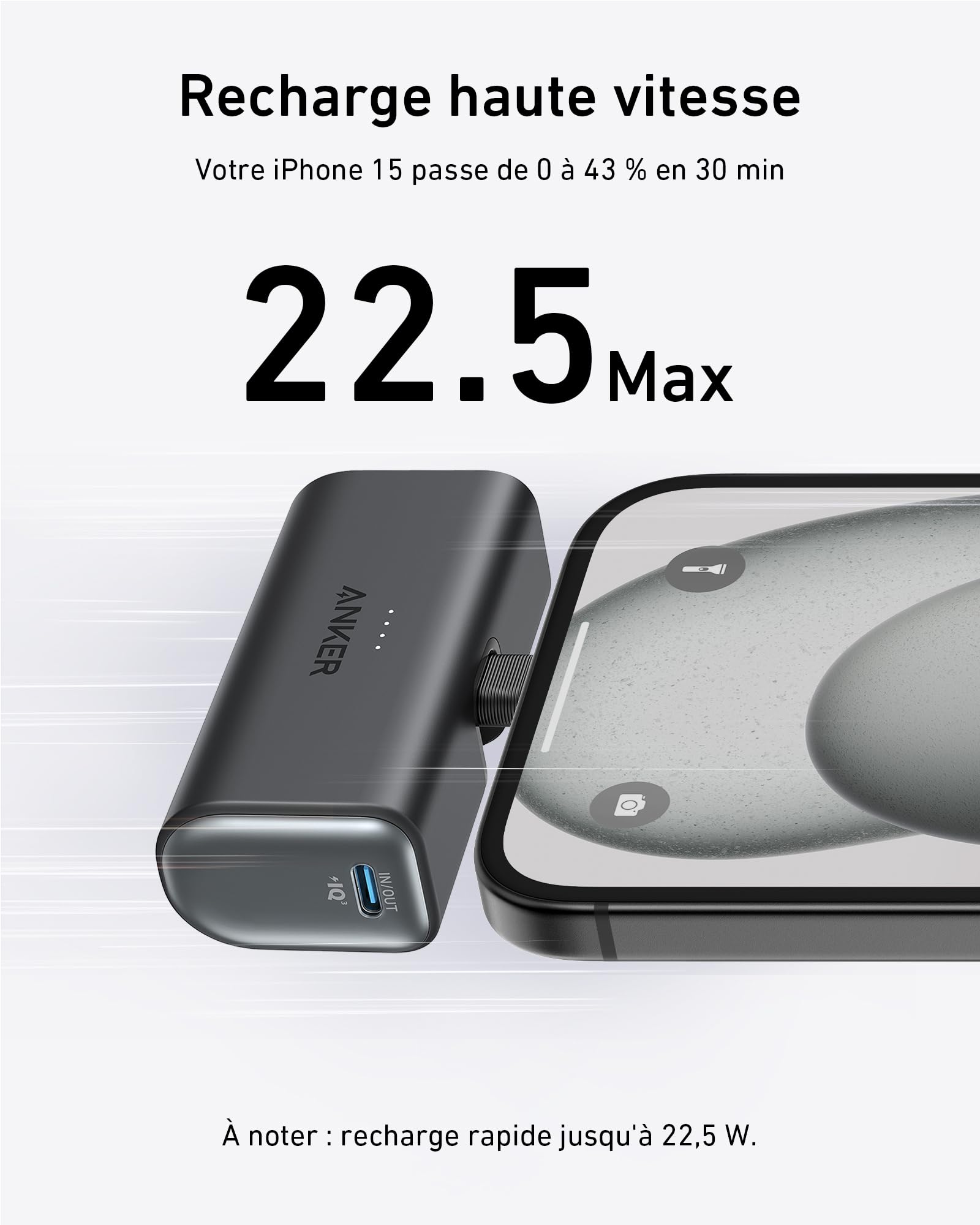 Anker Batterie Externe Nano 5000 mAh 22,5 W, Connecteur USB-C Pliable intégré, Compatible avec iPhone 17 Pro Max/16/15, Samsung S22/23, Note20/10, Huawei, iPad Pro/Air, AirPods et Plus Encore (Noir)