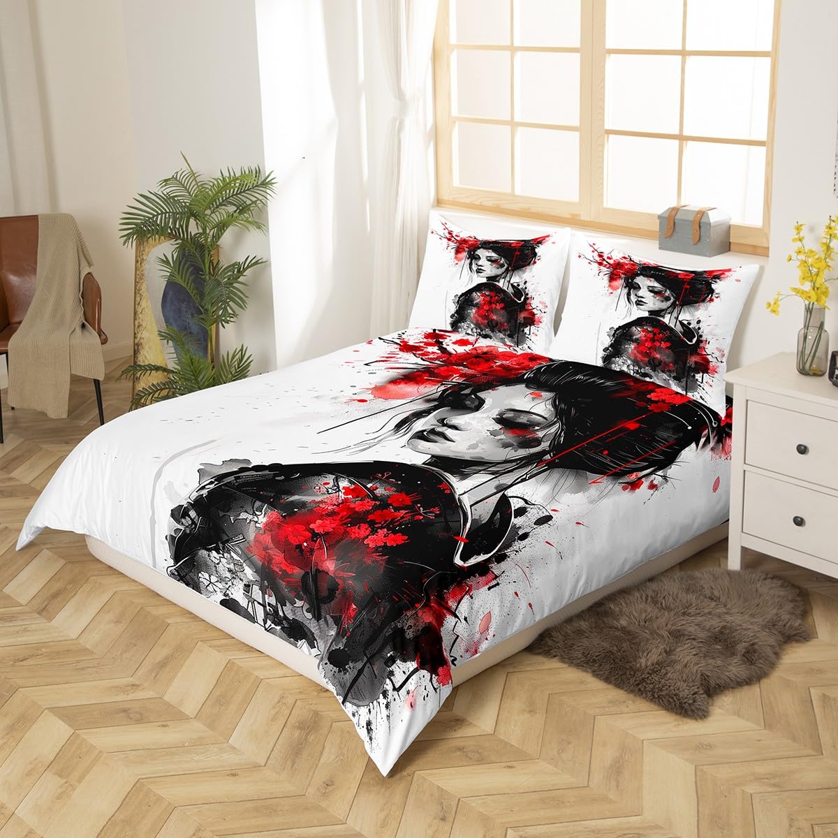 Homemissing Kids Japan Art Geisha Bedding Set Single Size Boys Girls Cherry Blossoms Comforter Cover Set Japanese Style Duvet Cover Japanese Tradition Aesthetic Bedspread Cover (No Comforter) - Image 3