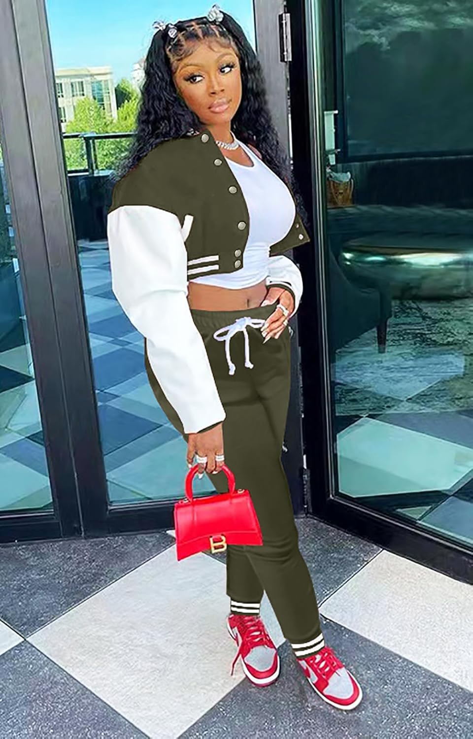 Womens Two Piece Tracksuit Button Down Cropped Varsity Jacket Pants Set Jogger Sweatsuit - Image 6