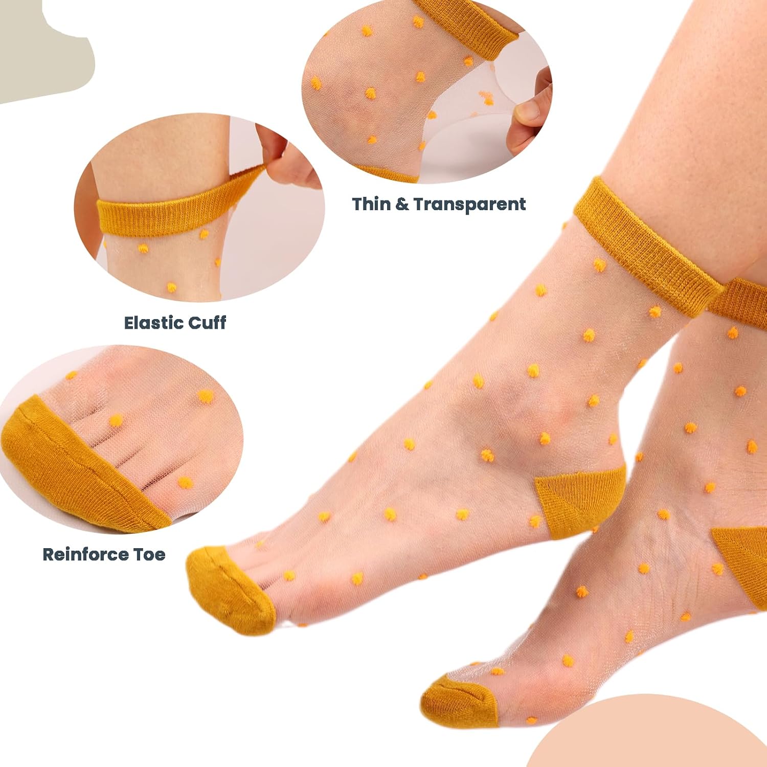 5 Pairs Sheer Ankle Socks for Women, Polka Dot Lace Mesh See Through Transparent Nylon Footies, Summer Thin Glass Socks - Image 2