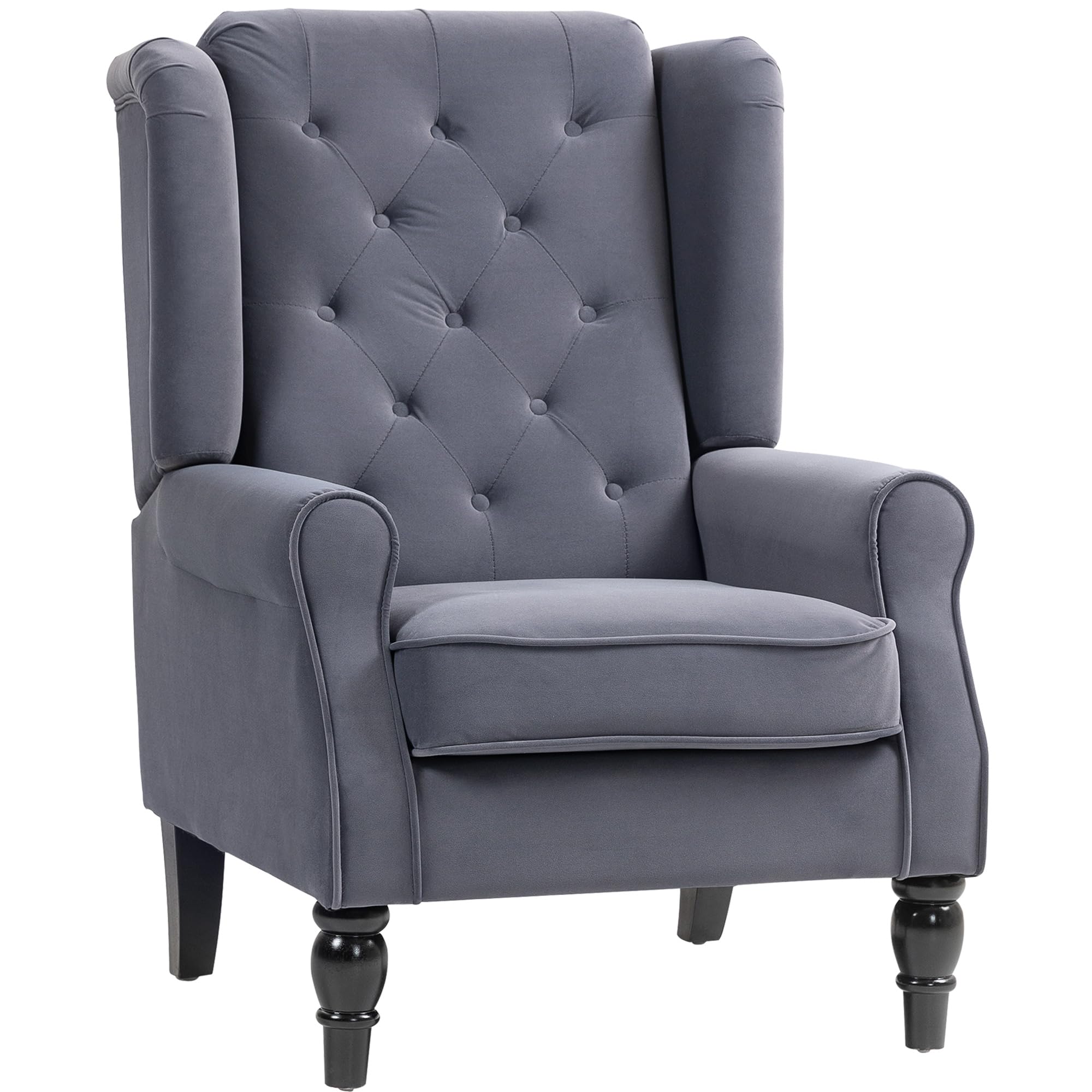 HOMCOM Wingback Accent Chair, Velvet Armchair with Thick Spring Cushion, High Back, Solid Wood Legs, Retro Button Tufted Reading Chair for Living Room, Bedroom, Dark Grey