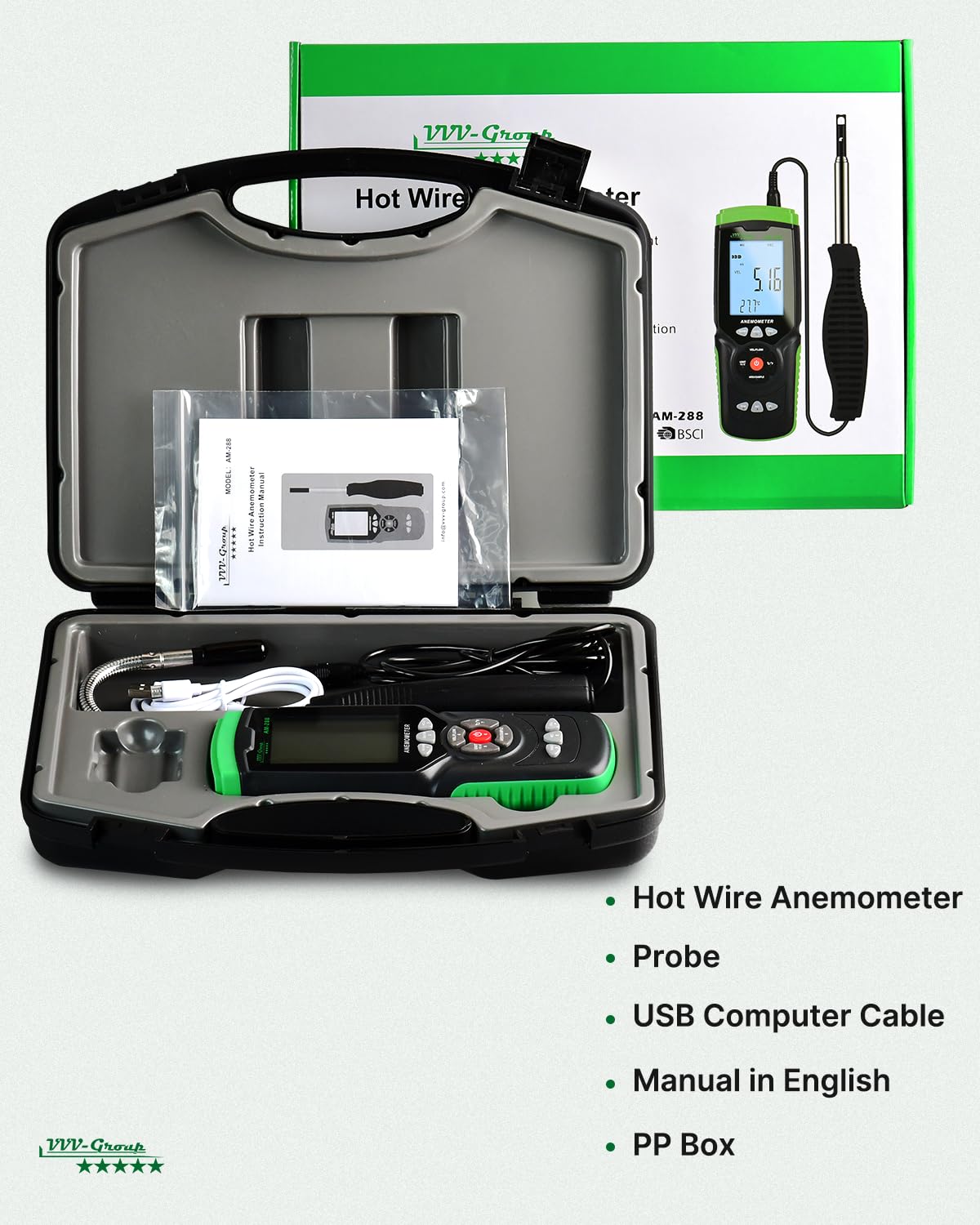 Hot Wire Anemometer AM-288 – HVAC Airflow Meter for Duct and Vent Testing, CFM/CMM Air Volume Calculation, Wind Speed & Temperature Measurement, Data Logging, USB PC Software