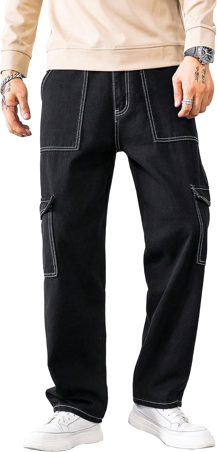 AVANOVA Bell-Bottom Men Cargo Jeans II Men Cargo Pants II Denim Cargo for Men II Cotton Pant II Wide Legs II Flap Pockets II Cargo for Men (Jeans-119)