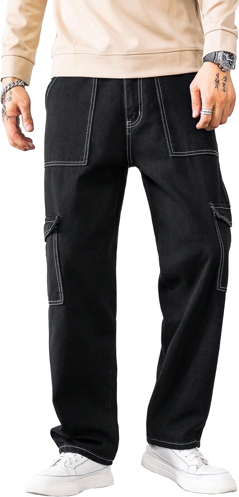 AVANOVA Bell-Bottom Men Cargo Jeans II Men Cargo Pants II Denim Cargo for Men II Cotton Pant II Wide Legs II Flap Pockets II Cargo for Men (Jeans-119)