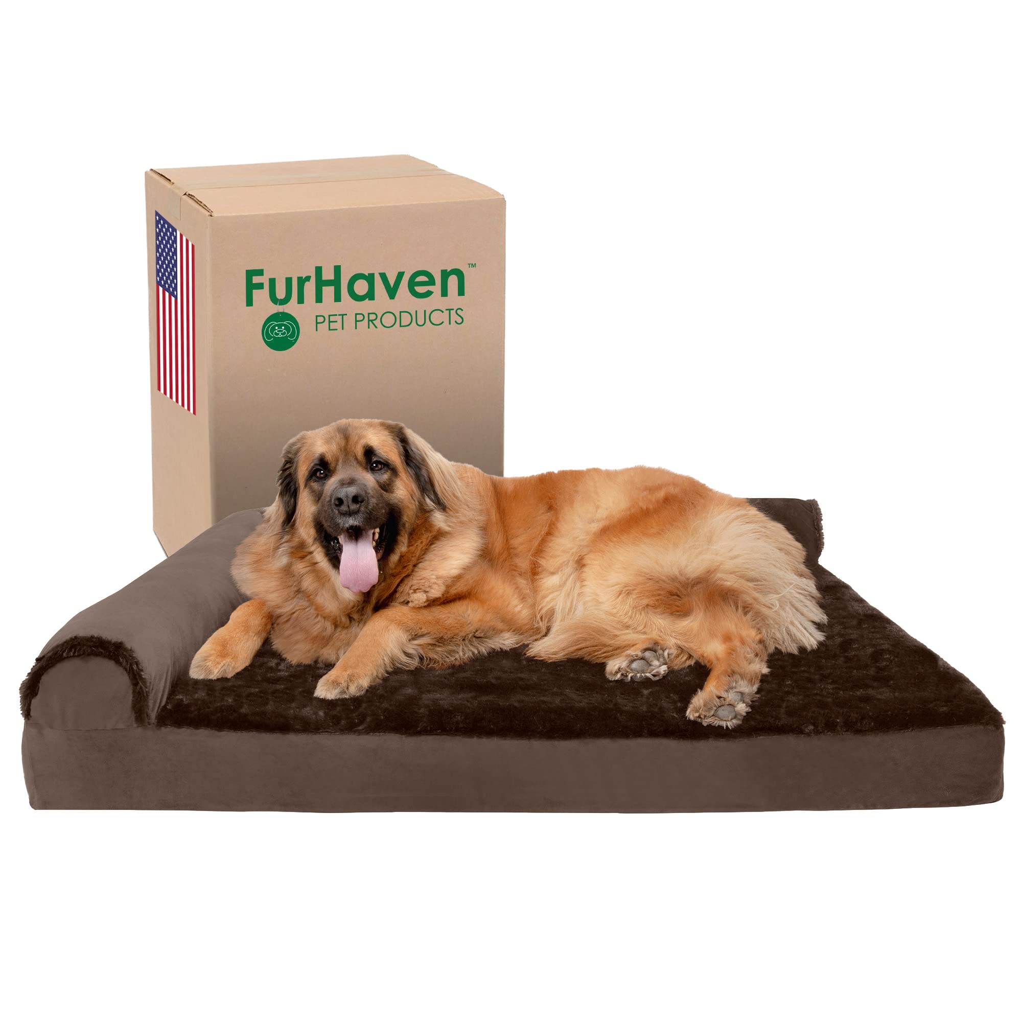 Furhaven Orthopedic Dog Bed for Large Dogs w/ Removable Bolsters & Washable Cover, For Dogs Up to 125 lbs - Plush & Velvet L Shaped Chaise - Sable Brown, Jumbo Plus/XXL