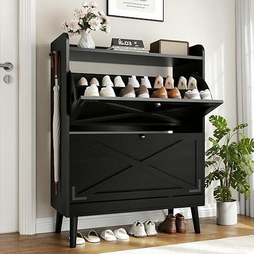 Miniatura 10 de Gabinete de Almacenamiento de Zapatos con 2 Cajones Abatibles y Estantes Ajustables, Gabinete Estrecho de Almacenamiento de Zapatos con Puertas y