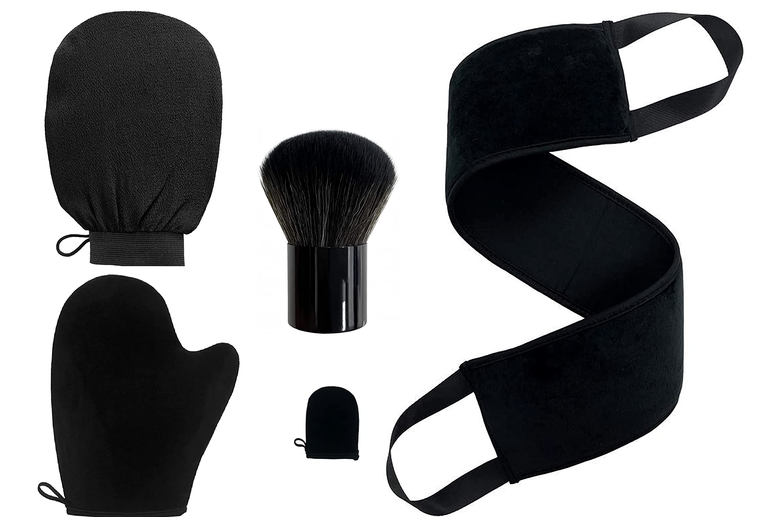 NA Self Tanning Mitt Applicator Kit with Exfoliating Glove, Back Applicator, Glove with Thumb, Mini Mitt, Fake Tan Brush - Set of 5, Black, Velvet