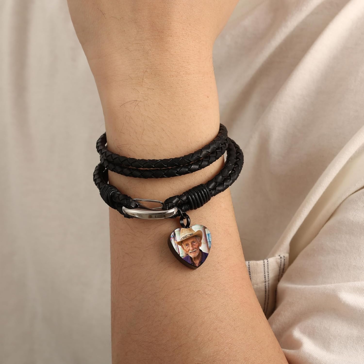 Urn Bracelet for Ashes Personalized Photo Text Engraved Leather Memorial Bracelet with Heart Urn Pendant Cremation Keepsake Jewelry for Ashes for Men Women with Fill Kit - Image 4