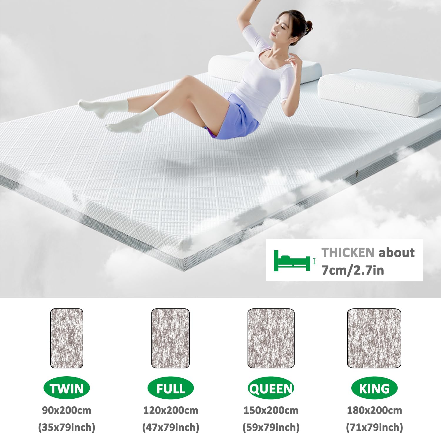 Kühlende Gel-Matratzenauflage für Doppelbett, Queen-Size-Bett, 7 cm, Memory-Schaum-Pad, atmungsaktiv und waschbar, mit Gel infundiert, Bettauflage, Kühltechnologie, 200 x 220 cm