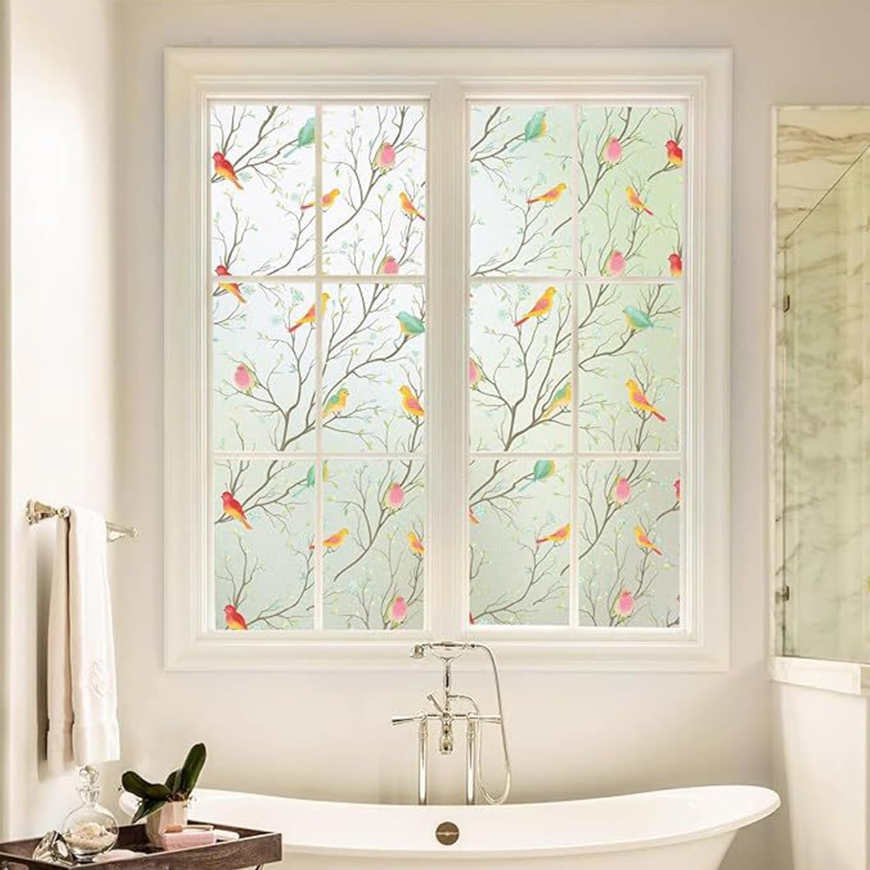 para Cristales Vinilo Adhesivo 110 x 325 cm, Ventana Fácilmente Decorativo Reutilizar, Adherencia Decorativos, Decorativo Película para Ventana, para Dormitorio Oficinas, Flores Y Pájaros