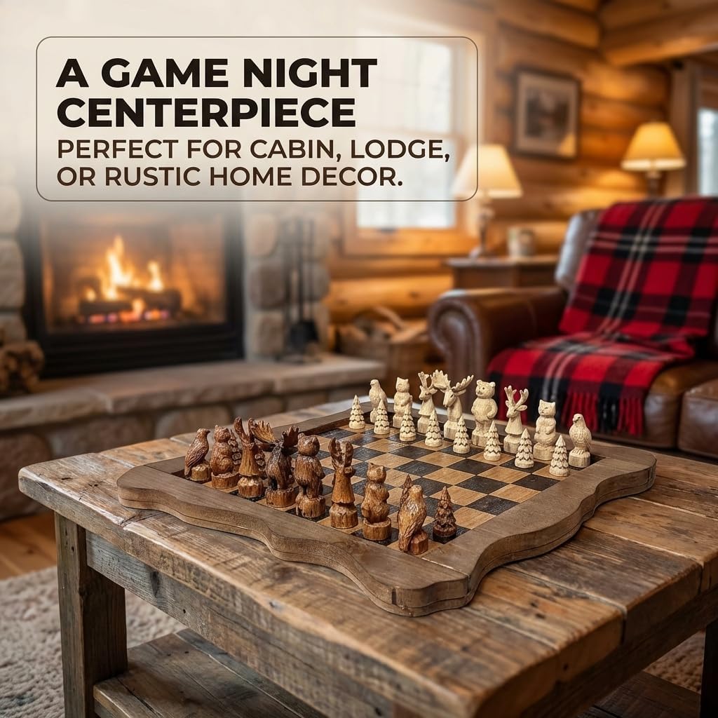 The Bridge Collection Forest Crowd Chessboard - Wooden Chess Board Set - Nice Chess Set for Adults - Exotic Chess Set for Mountain Lodge Cabin Decor