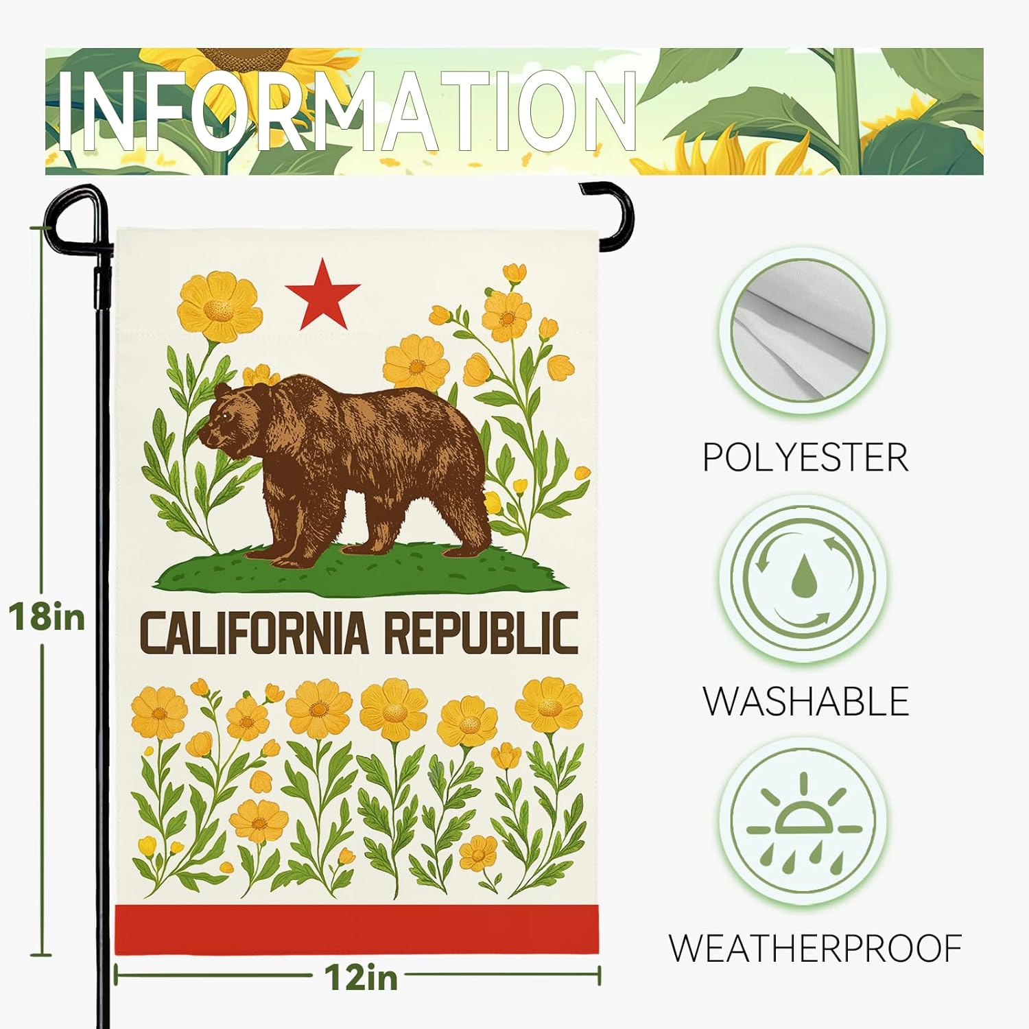 California Bear Flag Garden Flag with California Poppy Golden State Patriotic Republic Home Welcome Flags Front Porch Patio Decor Seasonal Flower CA Heavy Duty House Banner 12x18 Inch - Image 3