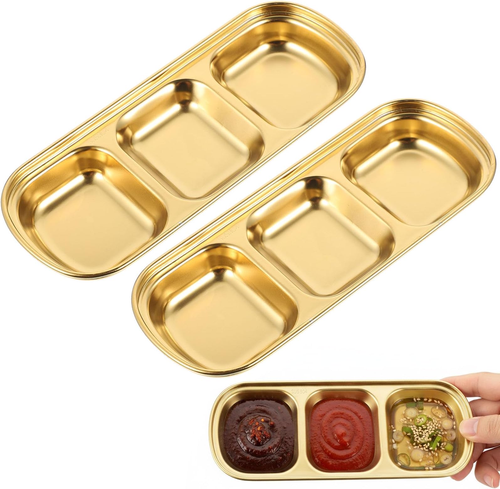 DOITOOL 2 Pcs Gold Stainless Steel Condiment Tray, 3 Compartment Divided Sauce Dishes, Metal Dipping Bowls Serving Plates for Sushi, Korean Banchan & Spices