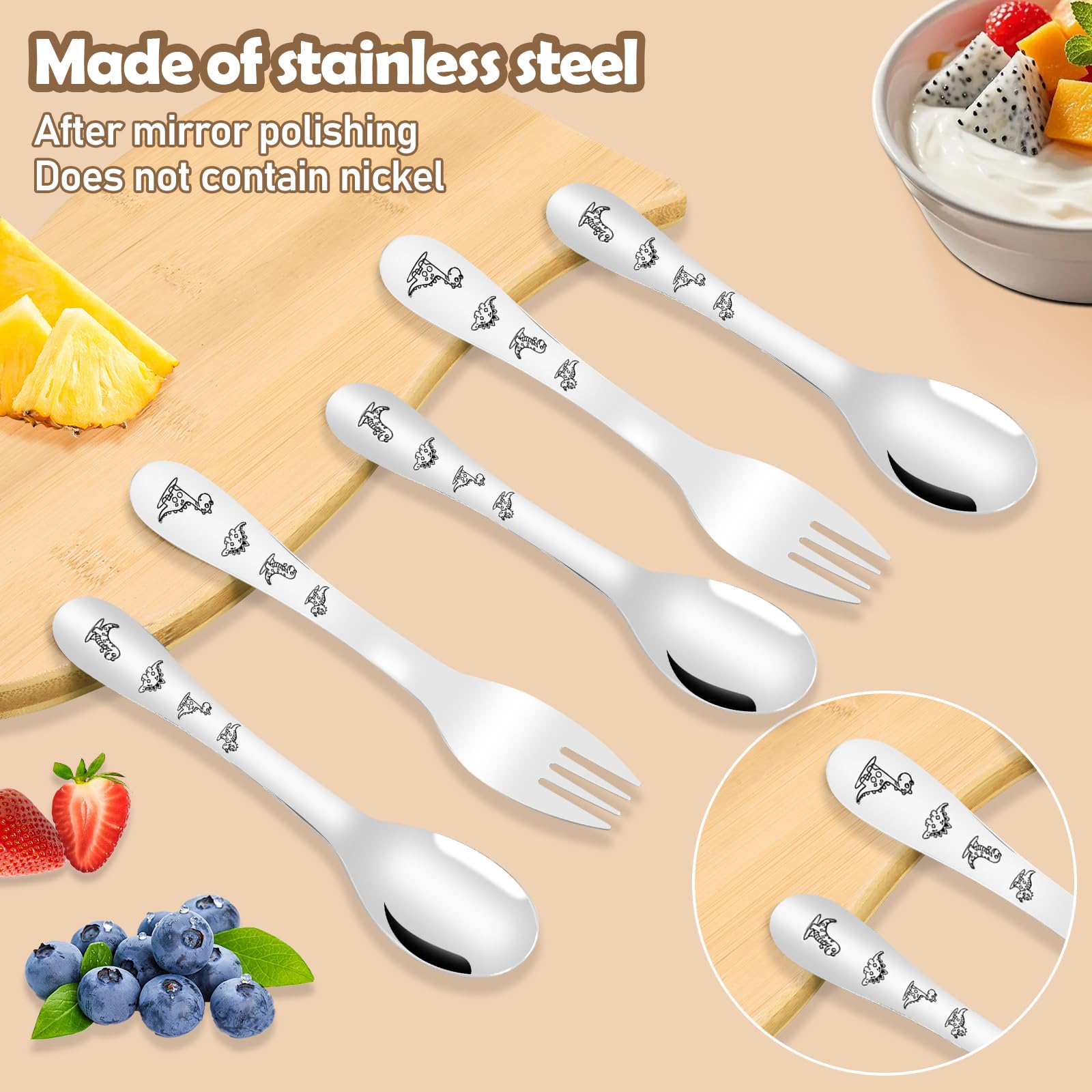 10Pcs Toddler Utensils Set Safe Stainless Steel Cartoon Dinosaur Kid Silverware Set Mirror Polished Kids Utensils Forks and Spoons Tableware Flatware Kit Dishwasher Safe(Sliver) - Image 2