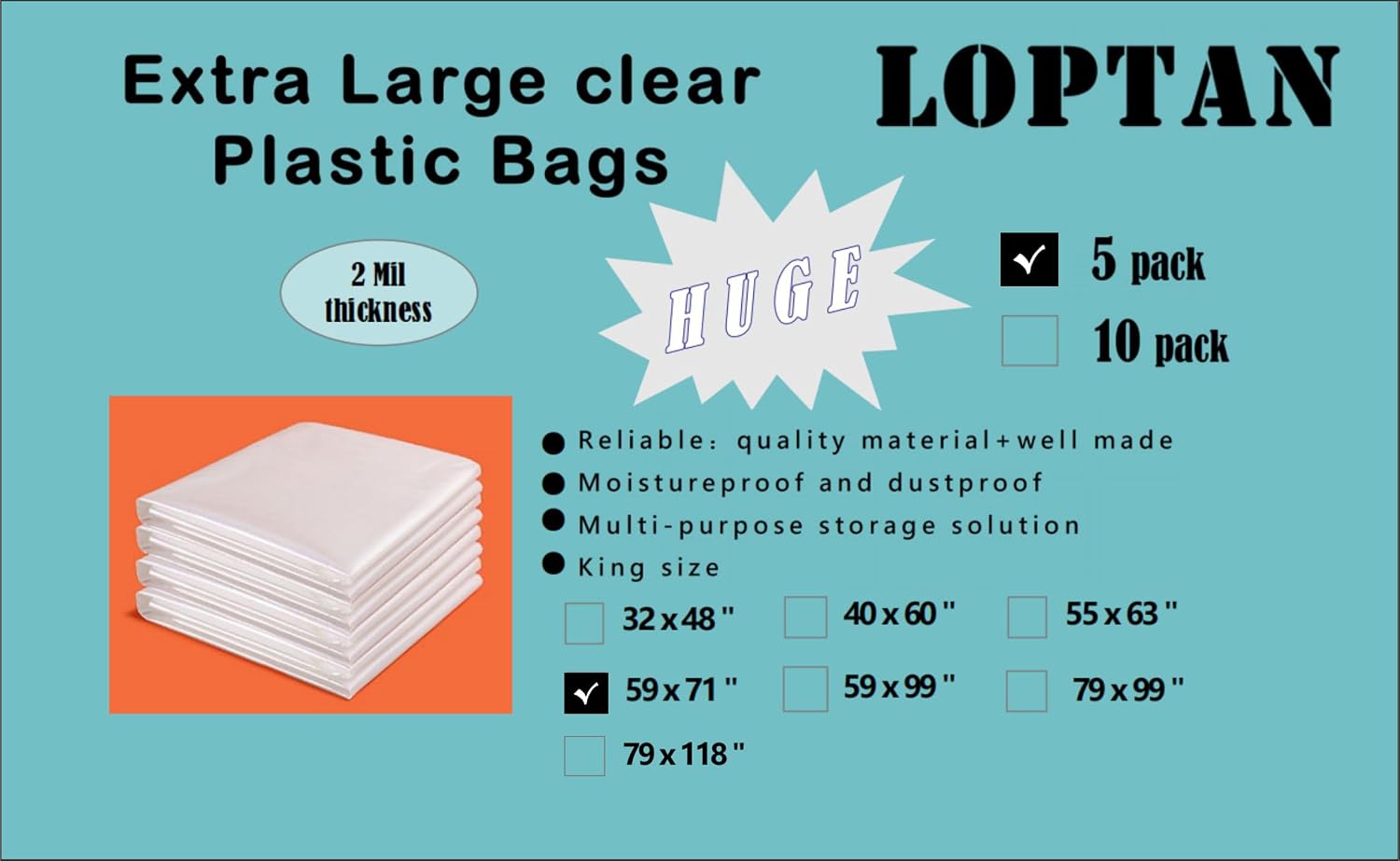 Extra Large Plastic Bags 59 x 71 Inch Clear Moving Plastic Appliance Storage Bags Perfect for Moistureproof, Dustproof, Luggage, Kids Bike, Big Plush Toys, Equipments and More (5 pack)