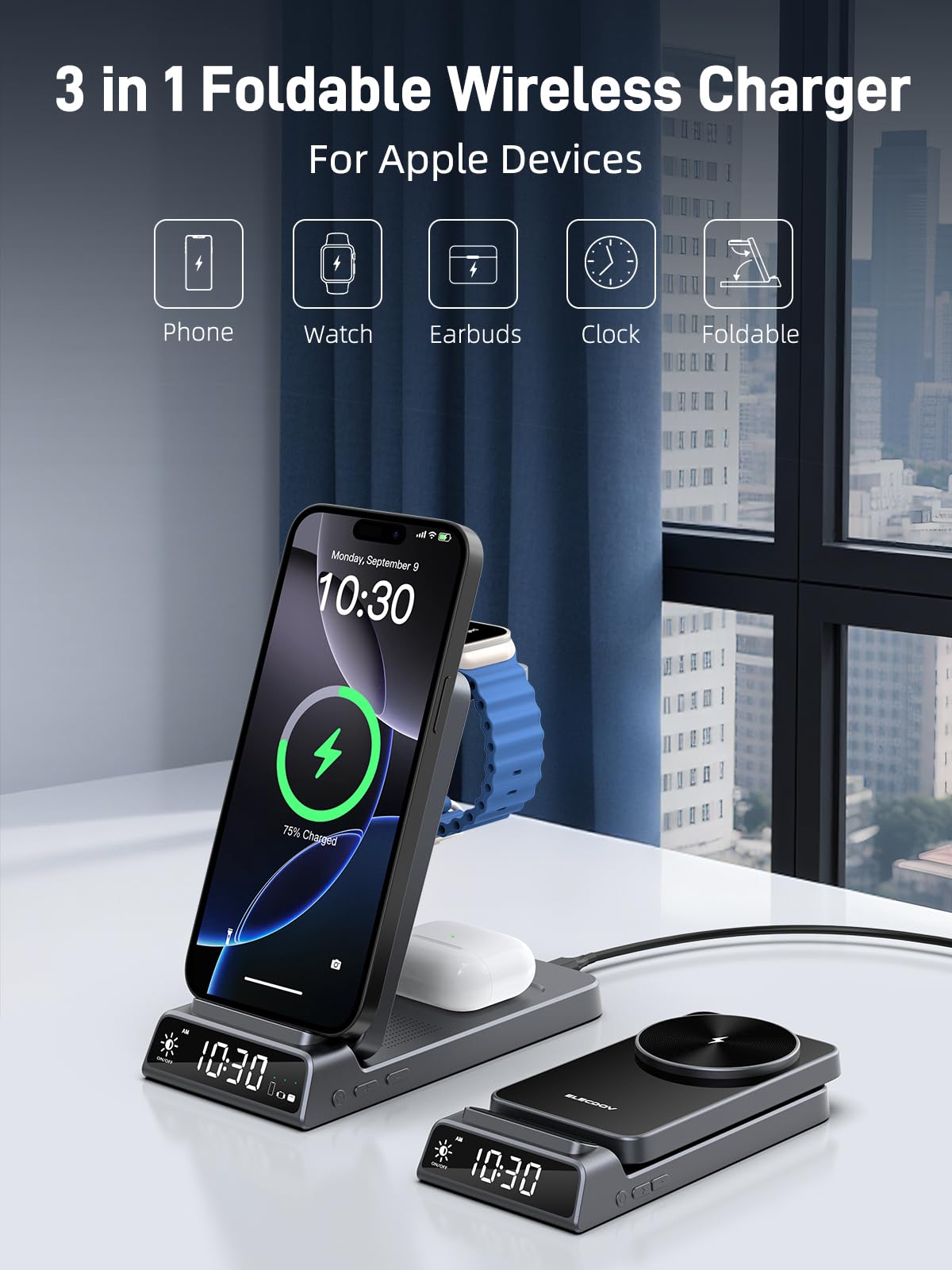 Bezprzewodowa ładowarka do Apple, magnetyczna stacja ładująca 3 w 1 z zegarem, składany podróżny bezprzewodowy stojak ładujący do iPhone 17/17 Pro/17 Pro Max/16/15, ładowarka do zegarka iWatch 10
