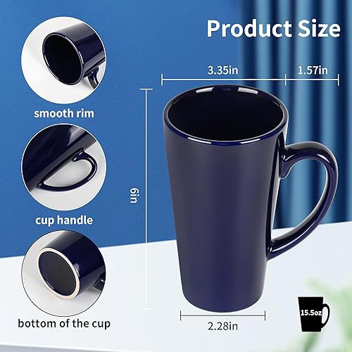 Miniatura 2 de BYCNZB Tazas de café altas de cerámica de embudo de 16 onzas para café, té, cacao, café con leche, leche, juego de 4 unidades (Cobalto)