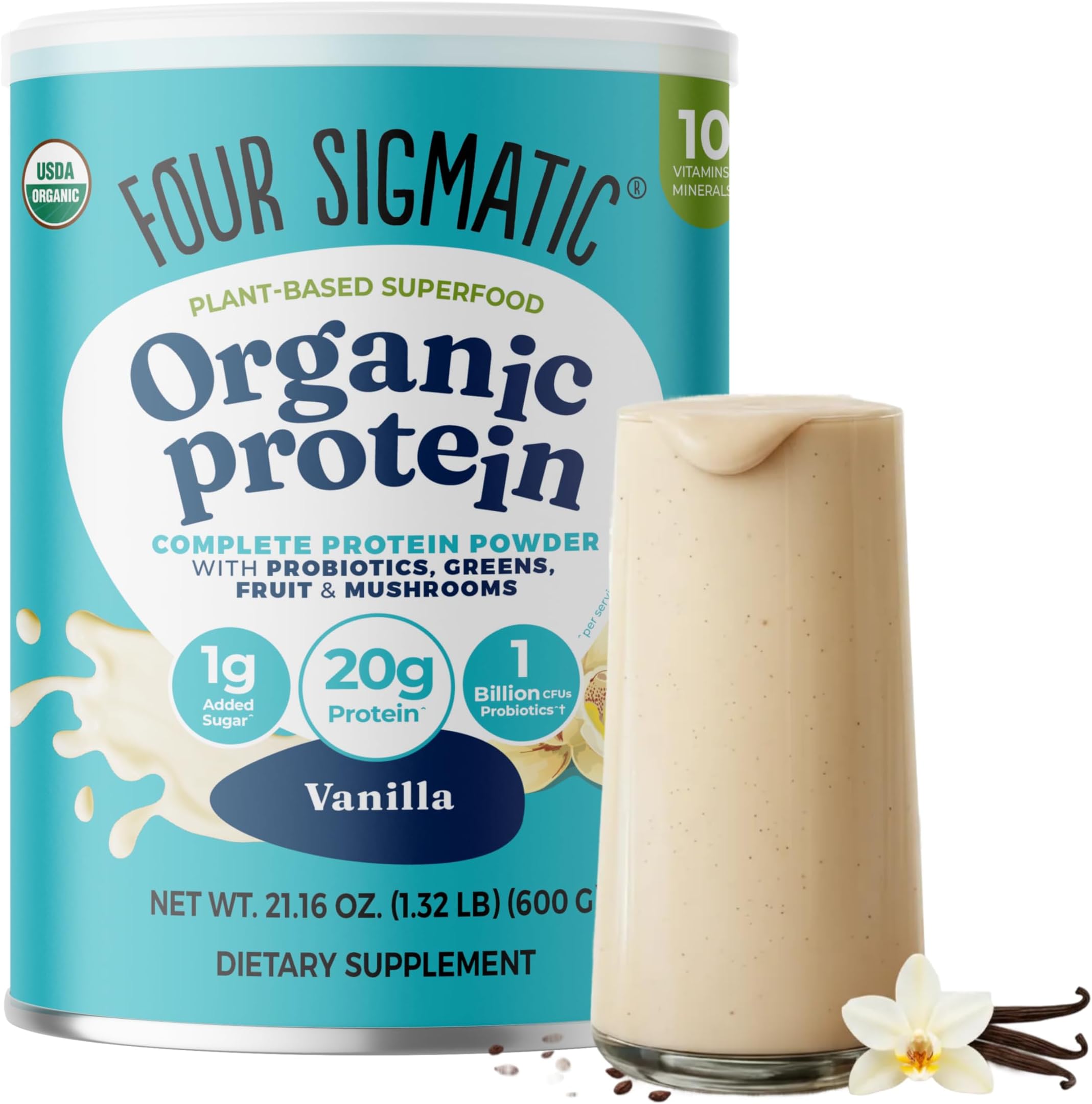 Organic Plant-Based Protein Powder by Four Sigmatic | Sweet Vanilla Protein with Lion’s Mane, Chaga, Cordyceps, and More | Clean Vegan Protein Elevated for Brain Function and Immune Support | 21.16 oz
