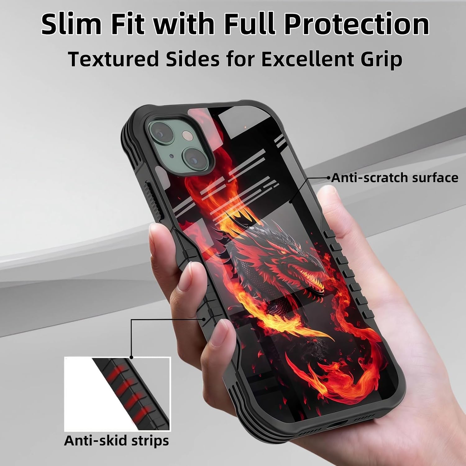 Compatible with iPhone 15 Case Anti Slip Shockproof Hard PC Back Soft TPU Prevention Protective Case, Unique Design Fashion Print for Men Women - A Fiery Dragon - Image 2