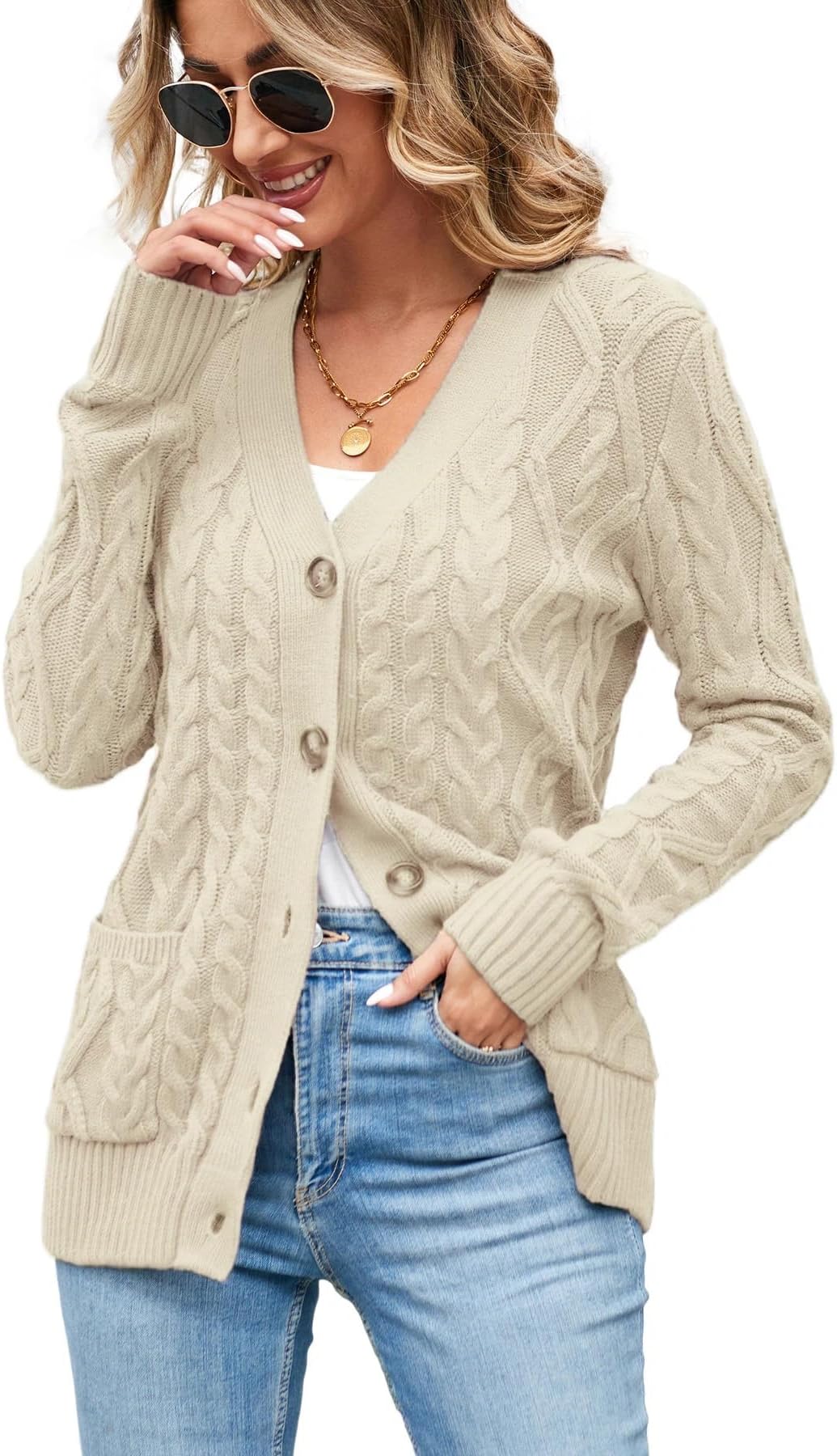 Fall Cardigans for Women 2026 Chunky Cable Knit Button Up Long Sleeve Sweater Sweatshirt