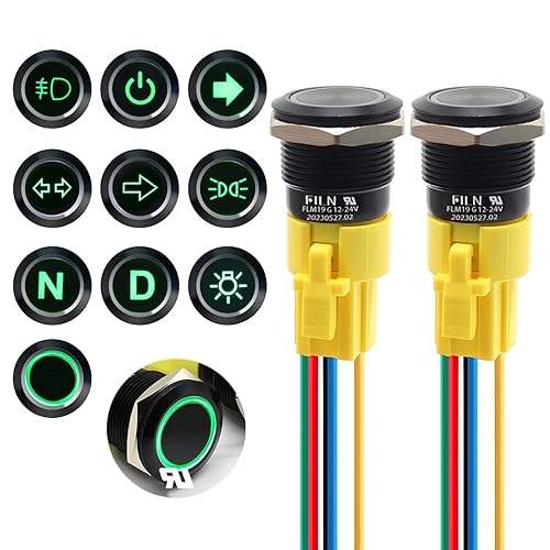FILN 2 interruptores de botón pulsador de 0.748 in (34 pulgadas) de 12 V 24 V CC de encendido y apagado con cabezal LED 1NO1NC con enchufe chapado
