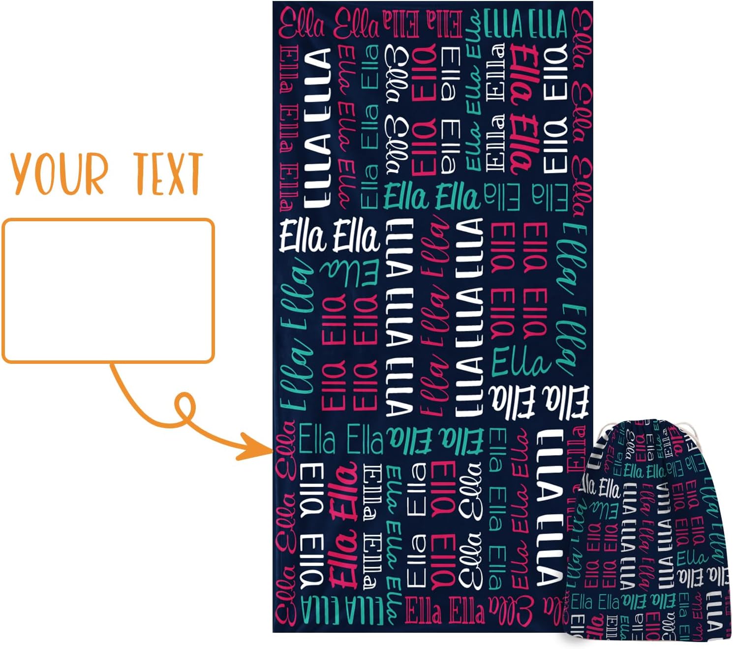 Personalized Beach Towel with Bag - Custom Oversized Soft Lightweight Absorbent Microfiber Bath Pool Towels with Multi-Fonts Name Design for Baby Kids Adults Boys Girls Gifts Color07