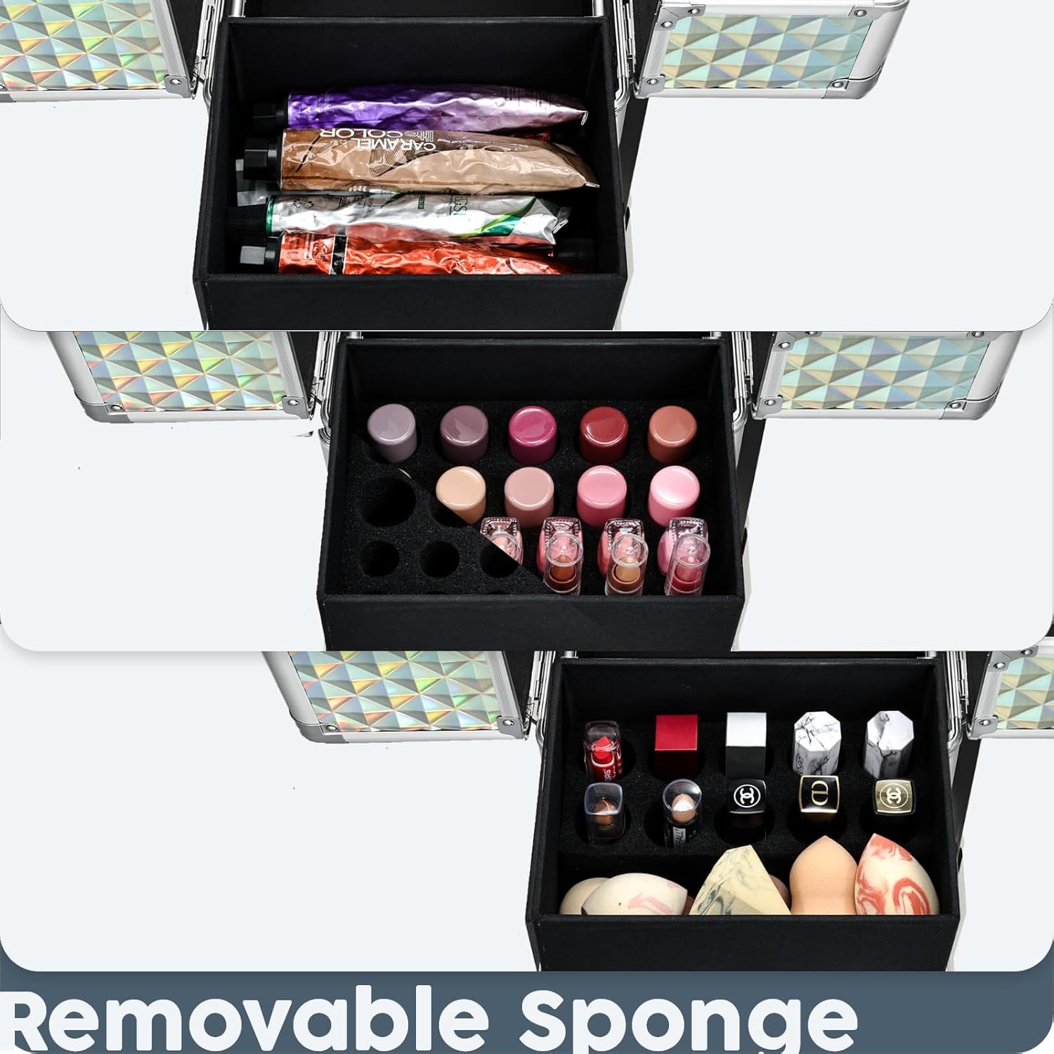 Hododou Blue Rolling Makeup Case with Drawer Travel Trolley Cosmetology Case on Wheel Makeup Storage Salon Barber Case Traveling Cart Trunk for Cosmetologist Nail Tech Hairstylist