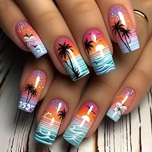 Summer Press on Nails Beach Palm Tree Sun Designs False Nails for Women Reusable Fake Nails Full Cover Artificial Stick on Nail Glossy Glue on Nail for Salon Manicure Decoration