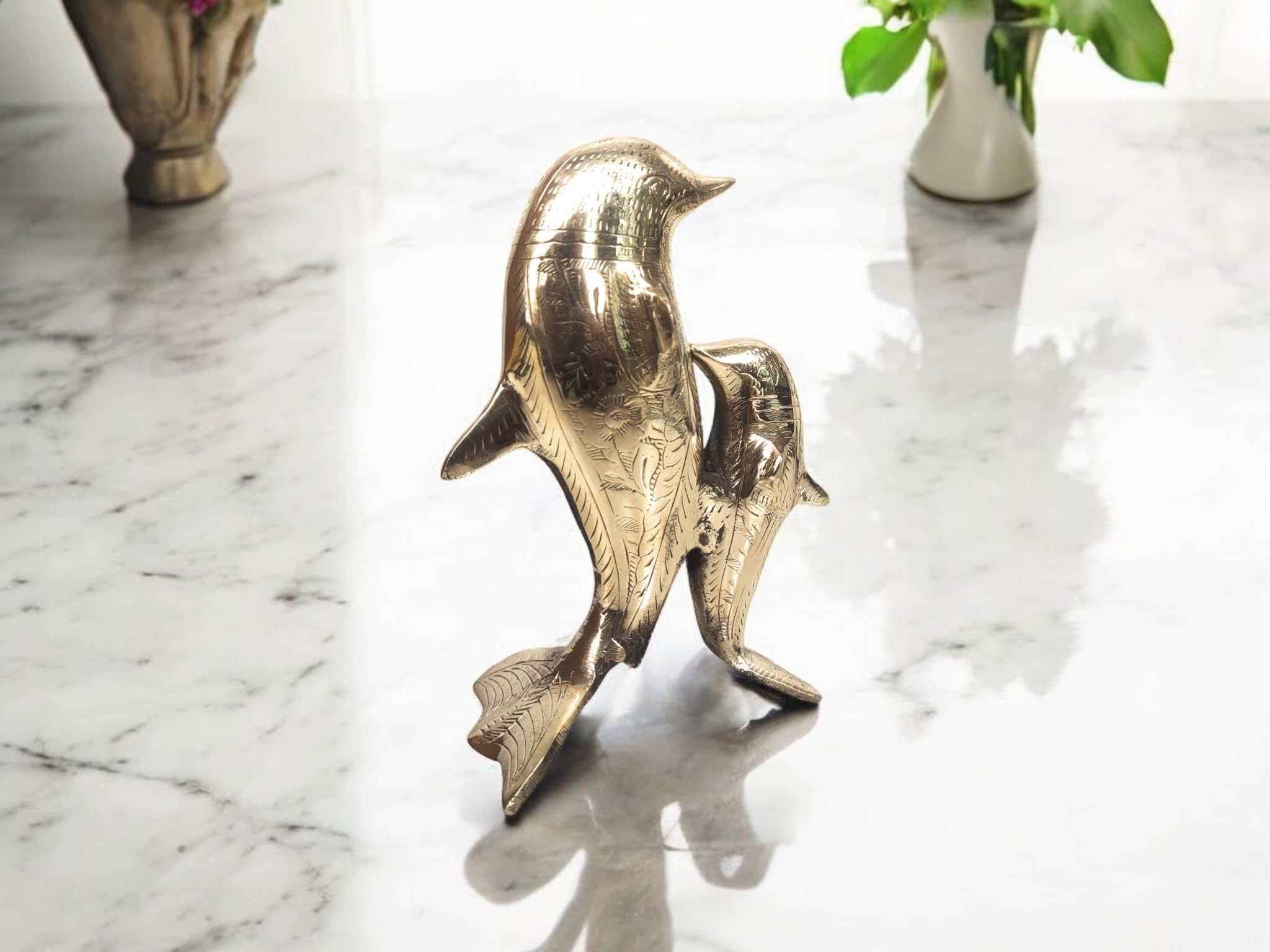 Presents Brass Dolphin Fish Pair Statue Vastu Decorative Home Interior Decor Item Feng Shui Dolphin Fish Couple Handicraft and Gift Items Hight- 6 INCH (600 GMS)